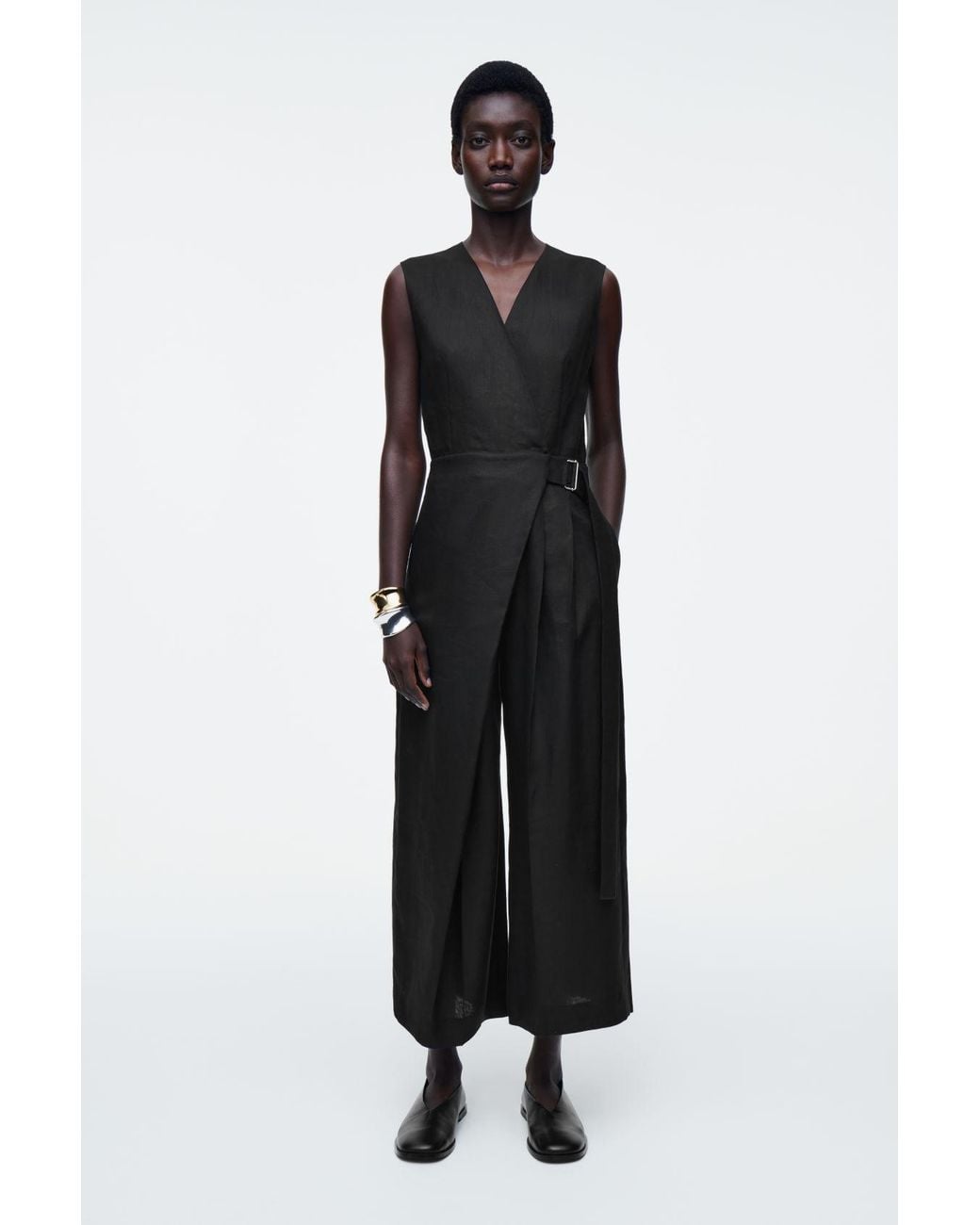 COS Wrap-Front Linen Jumpsuit in Black | Lyst