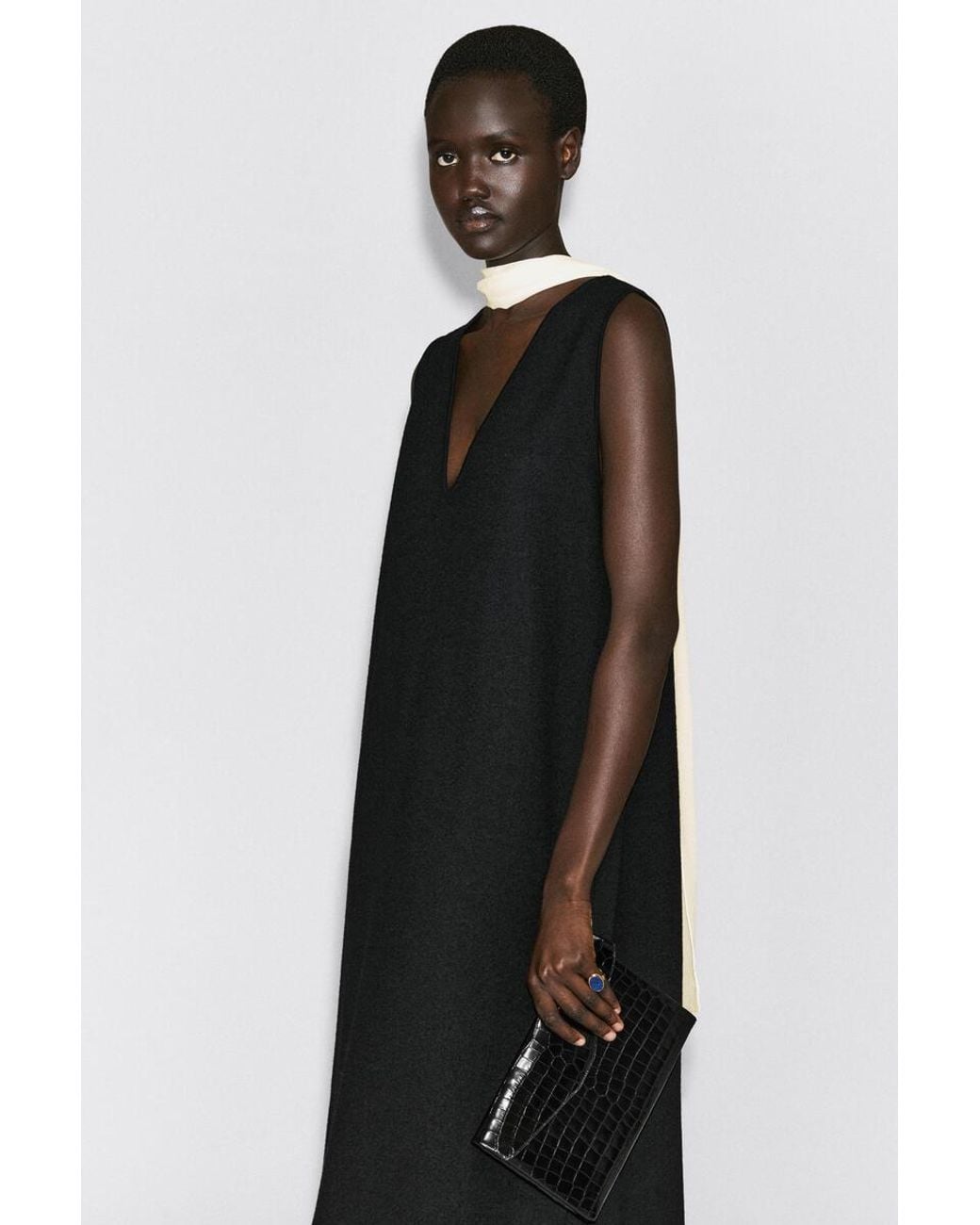 COS Black Boiled Wool-Blend V-Neck Midi Dress