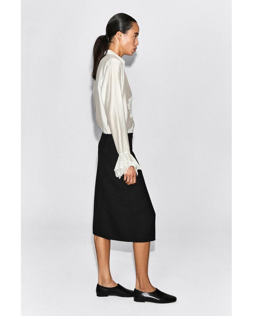 COS Black Leather-Belt Wool-Twill Midi Skirt