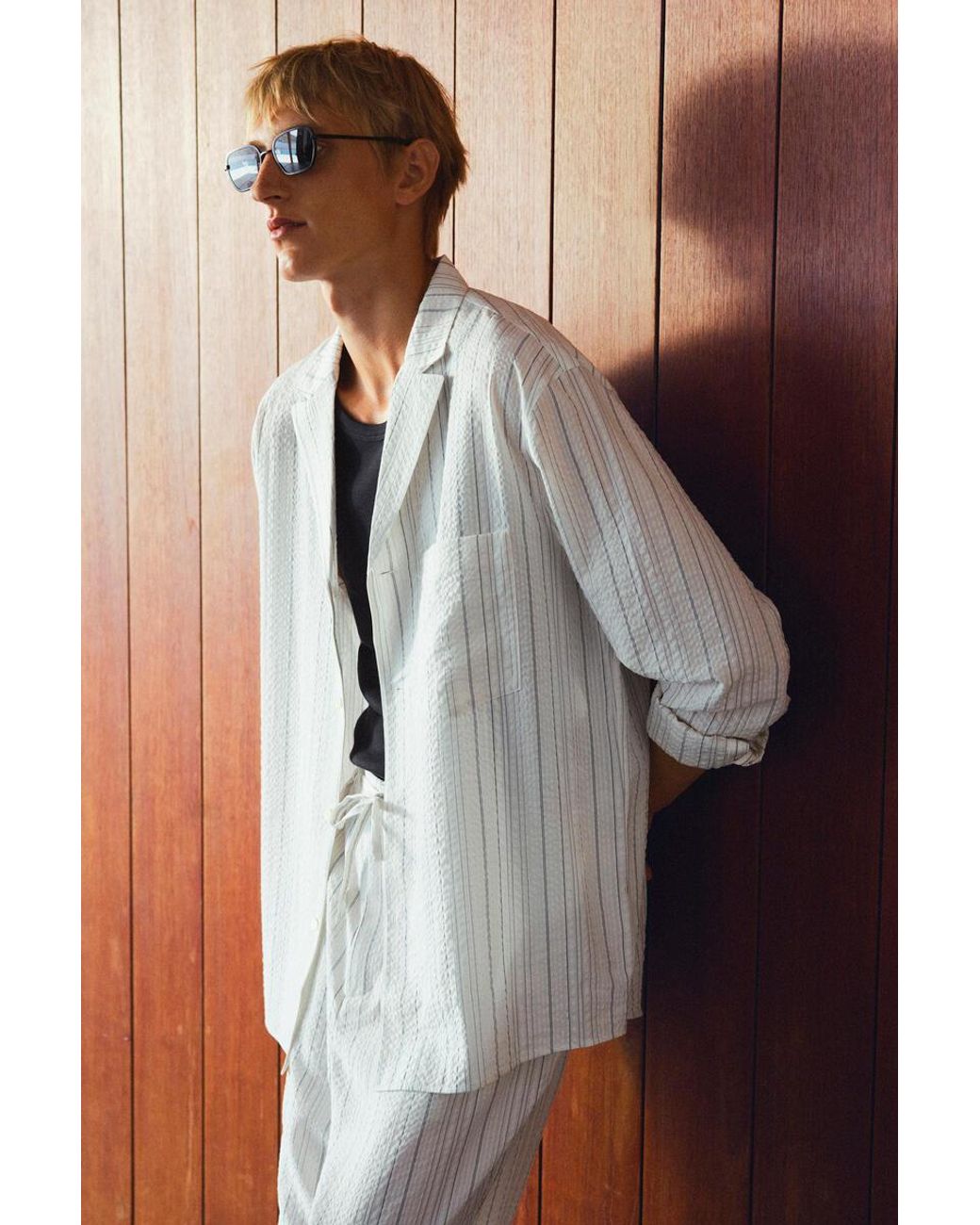 COS White Striped Textured Camp-Collar Shirt for men
