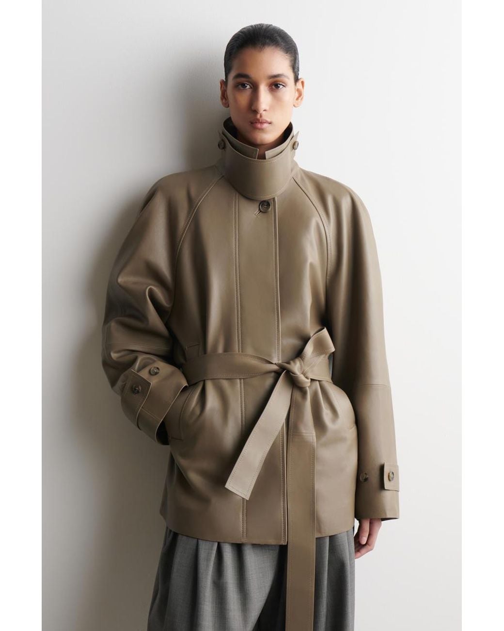 COS Natural Funnel-Neck Leather Short Trench Jacket