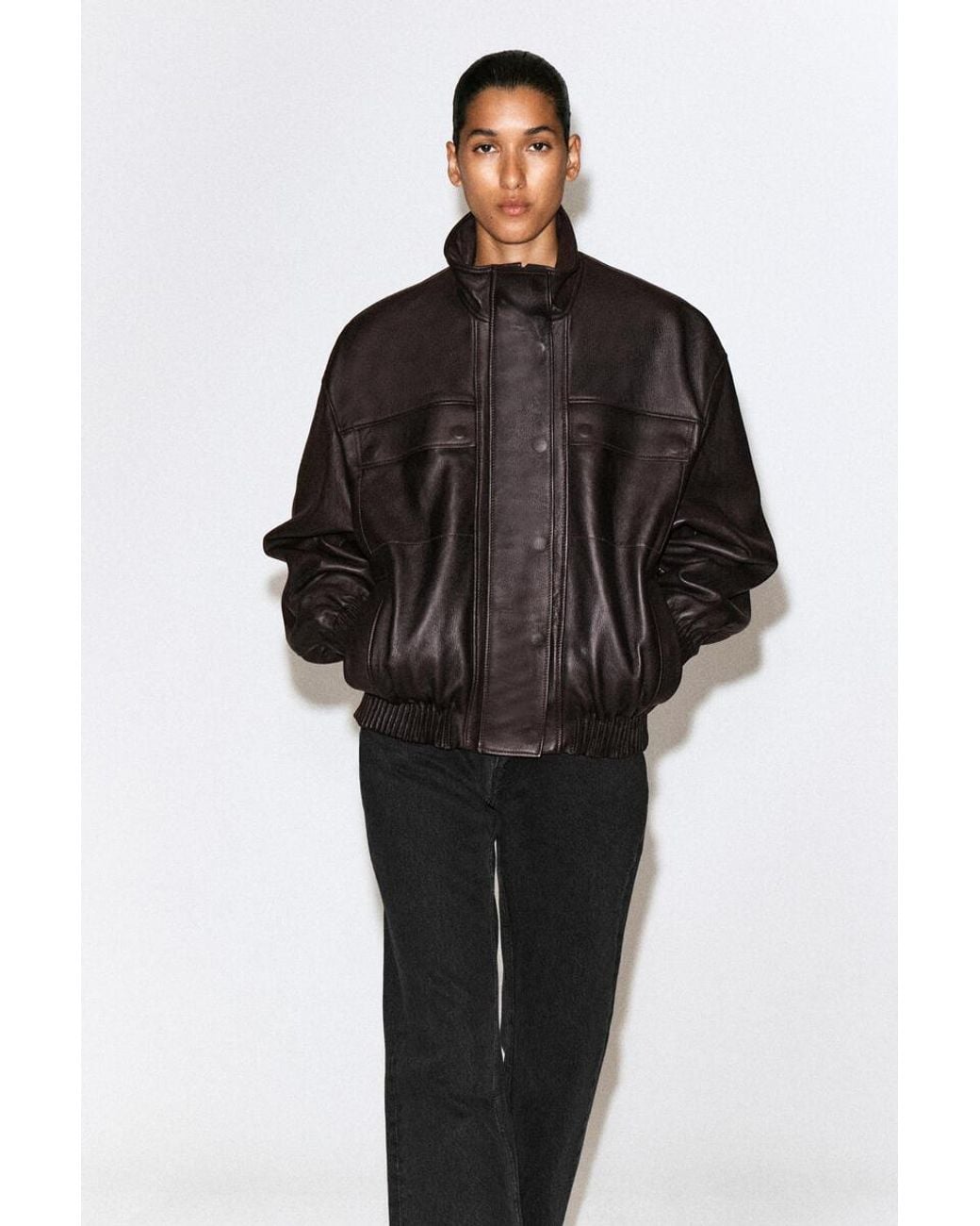 COS Black Leather Mock-Neck Bomber Jacket