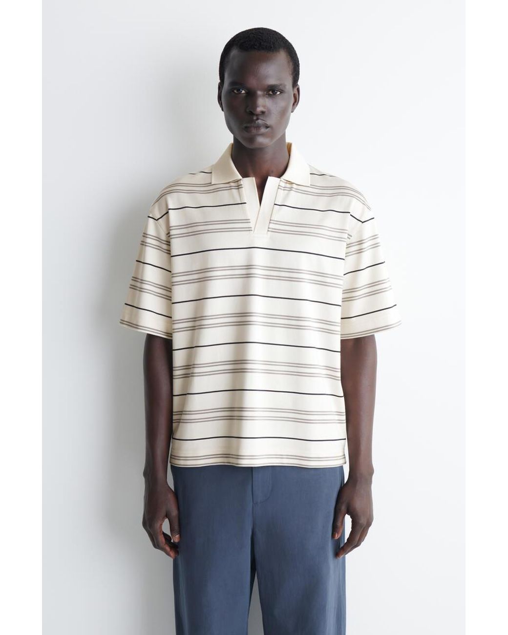 COS White Striped Open-Collar Polo Shirt for men