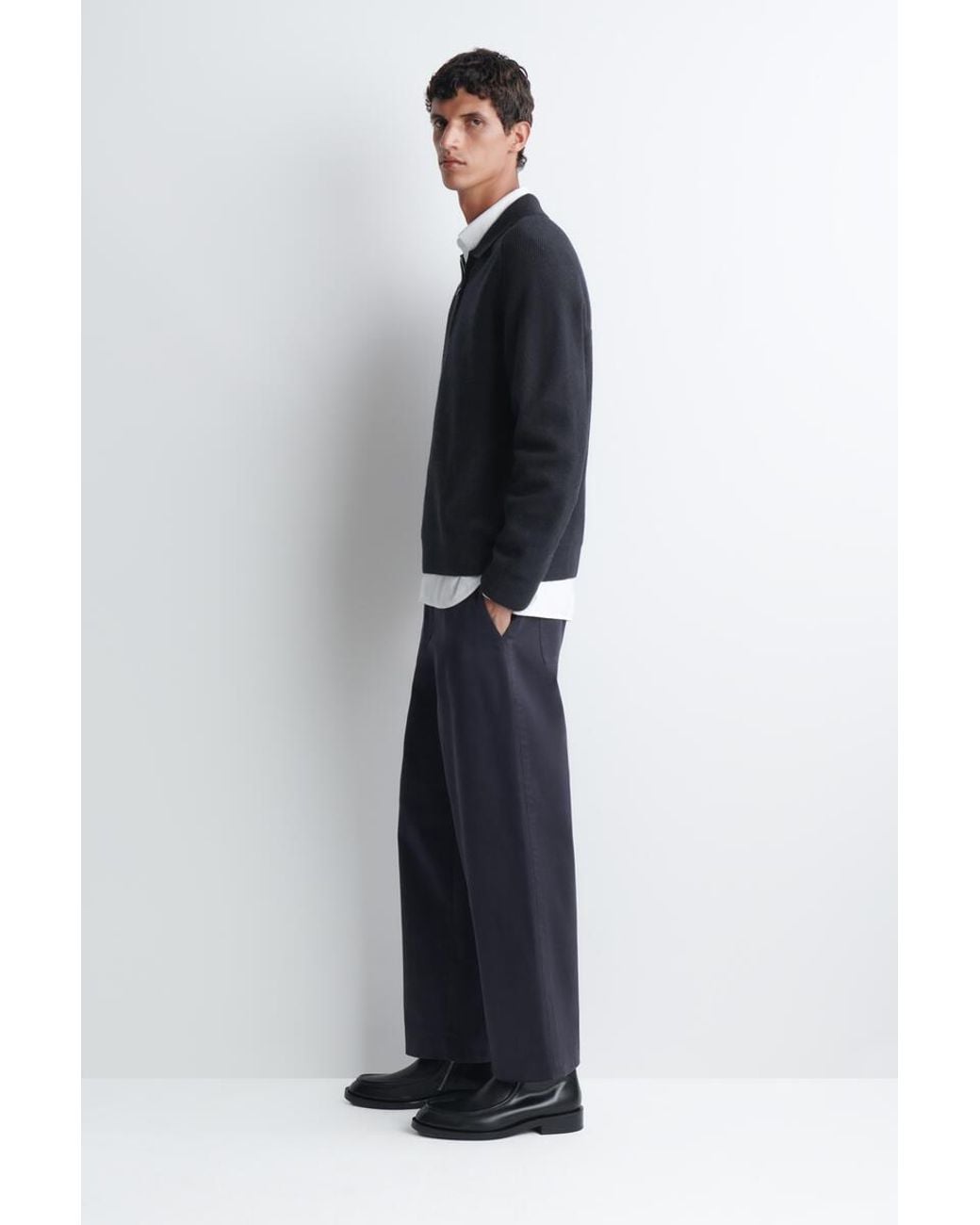 COS Blue Panelled Boiled Wool Zip-Up Sweater for men