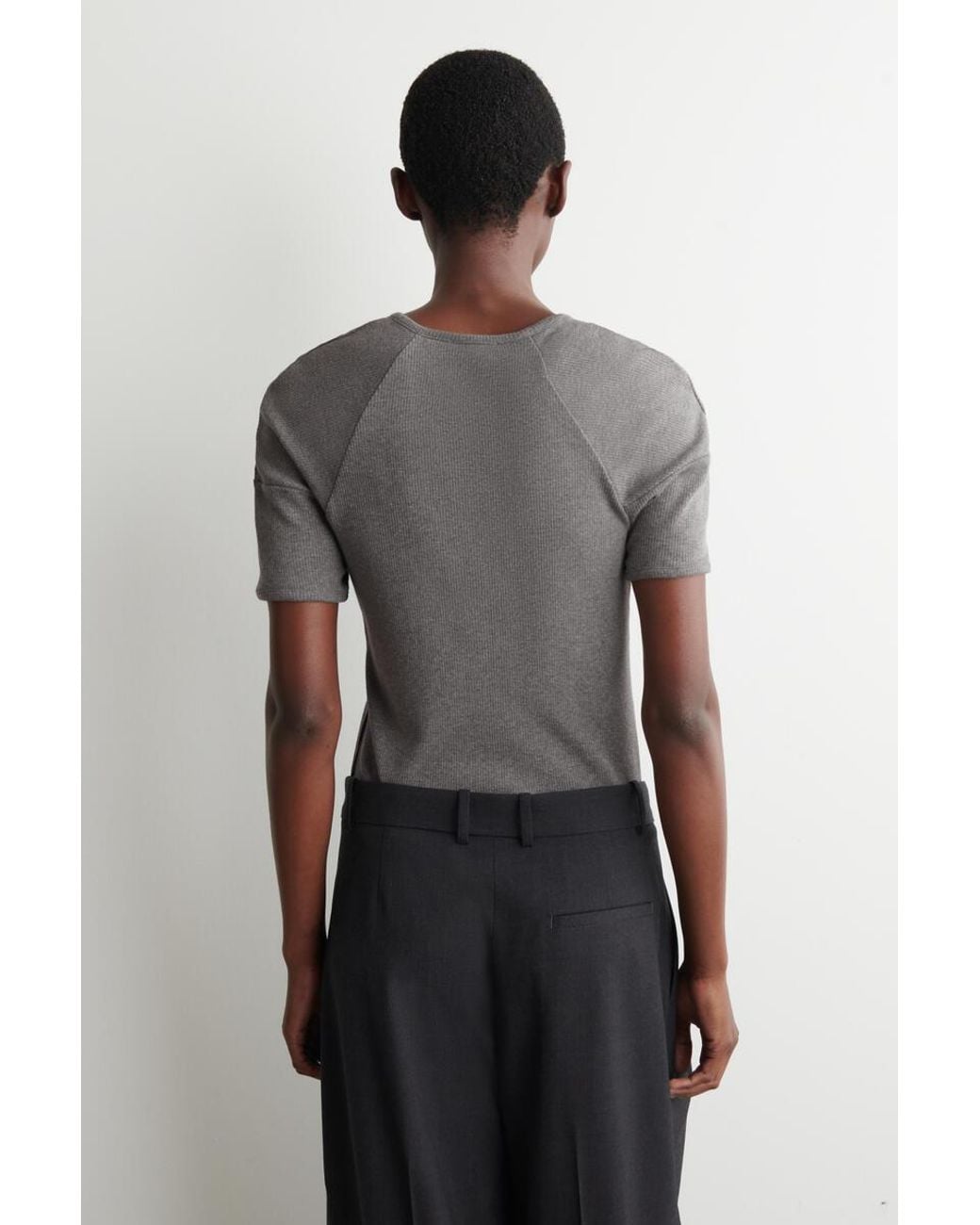 COS Gray Rounded Ribbed Jersey Henley Top