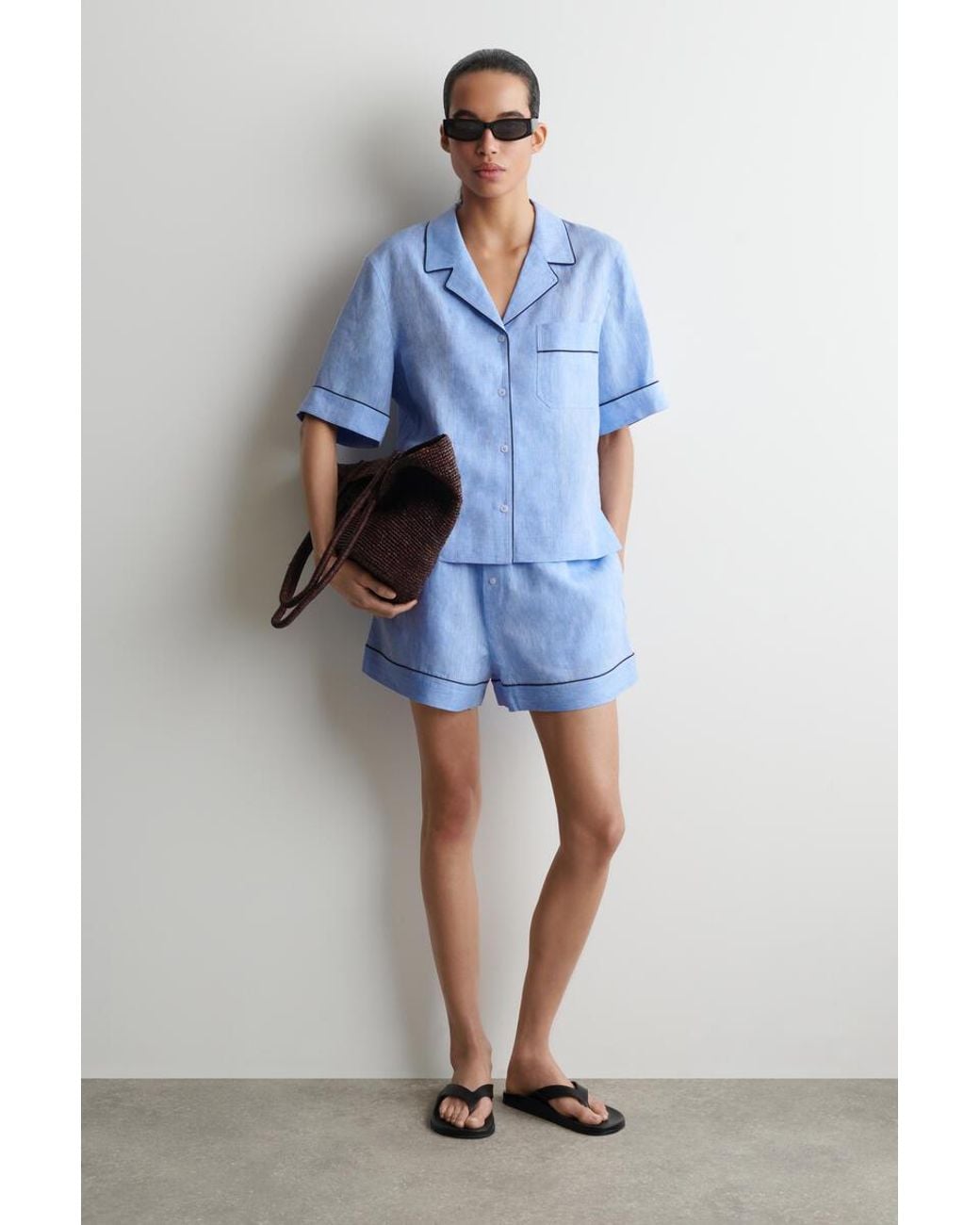 COS Blue Contrast-Piped Linen Resort Shirt