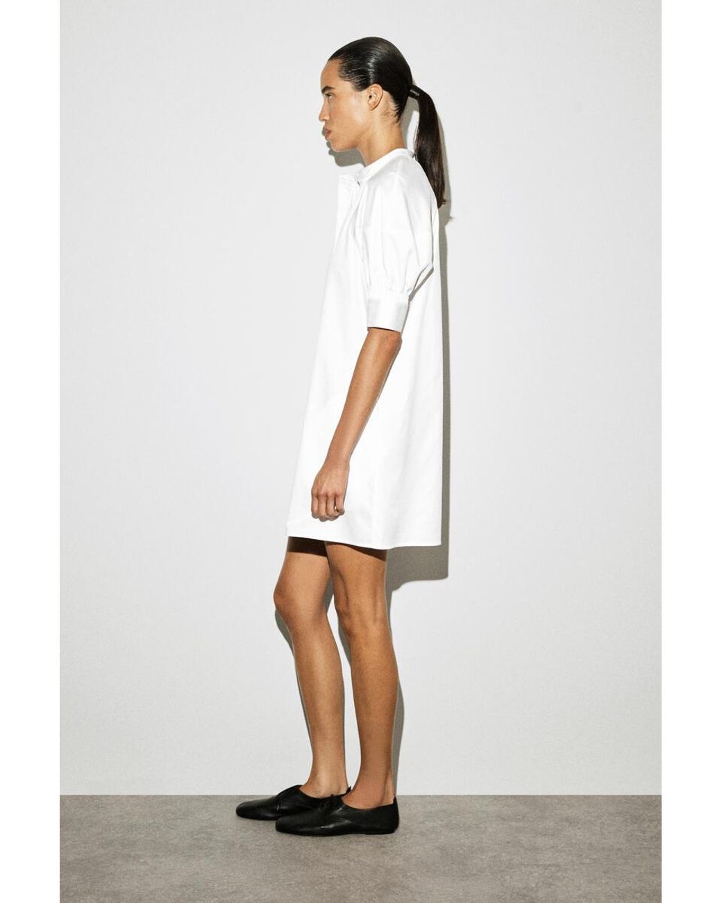 COS White Smocked Puff-Sleeve Shirt Dress