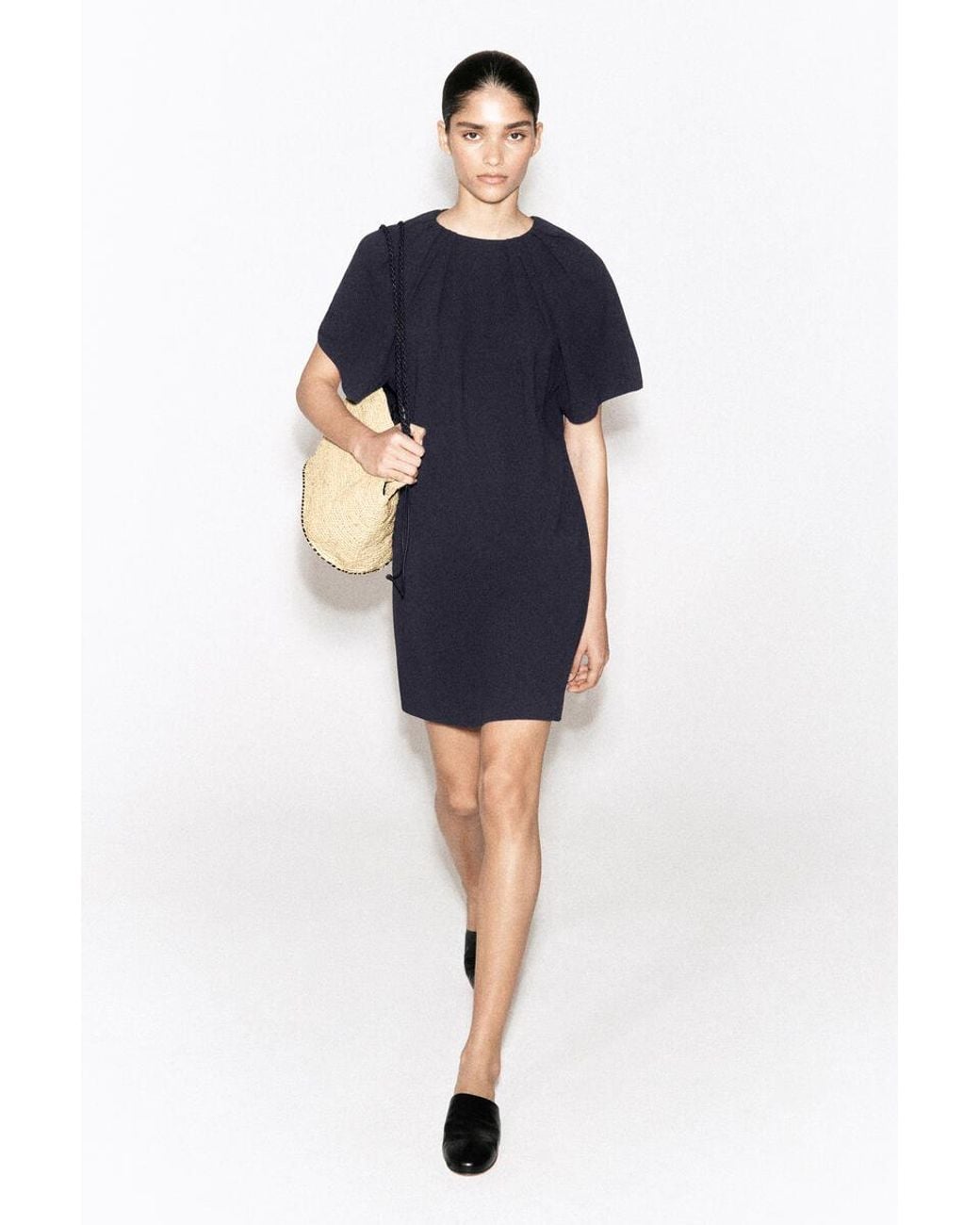 COS Blue Gathered Short-Sleeved Mini Dress