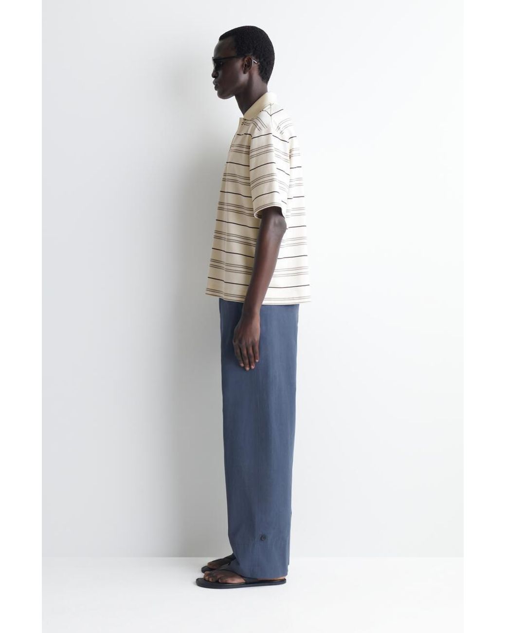 COS White Striped Open-Collar Polo Shirt for men