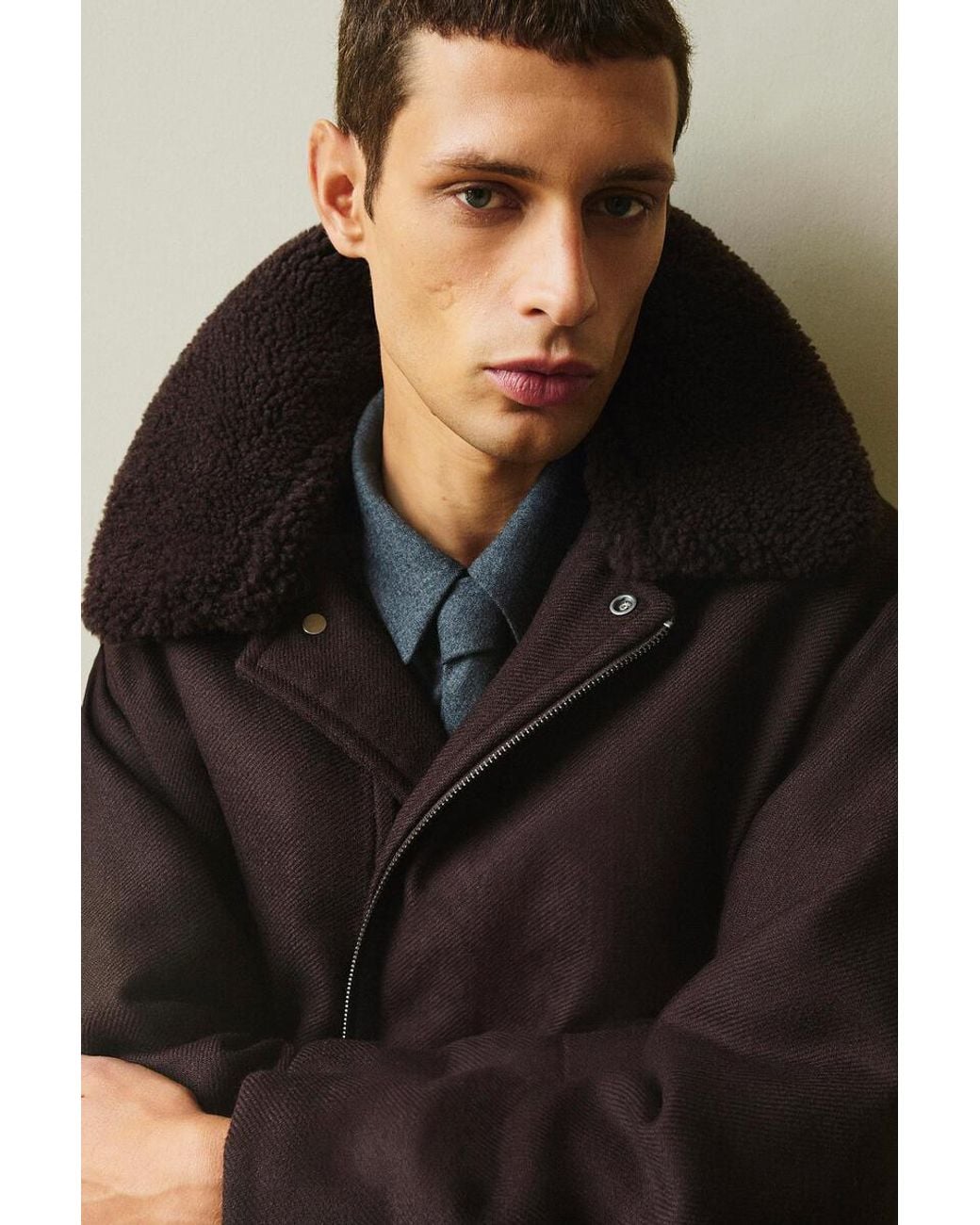 COS Brown Shearling-Collar Wool Flight Jacket for men
