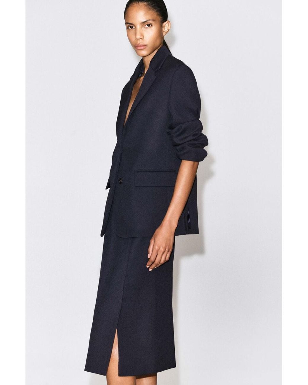 COS Blue Tailored Split-Hem Wool Midi Skirt
