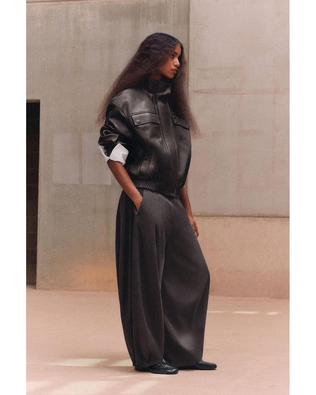 COS Black Leather Mock-Neck Bomber Jacket