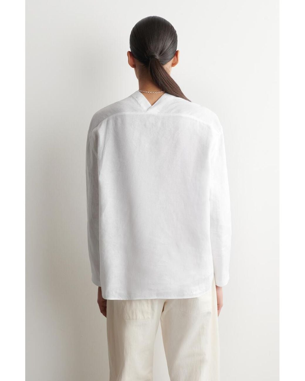 COS Blue Button-Detail Linen V-Neck Shirt