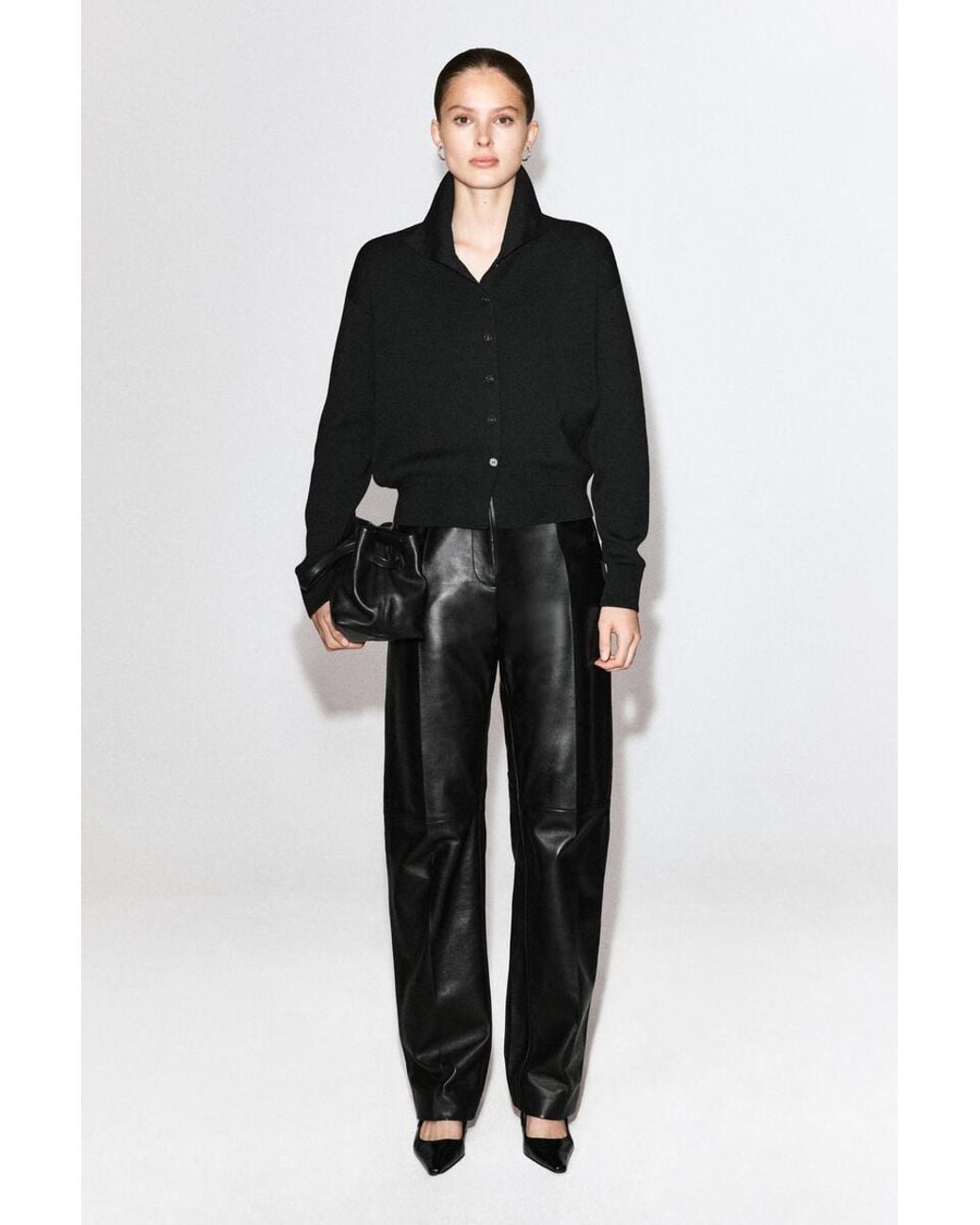 COS Black Merino Wool Funnel-Neck Cardigan