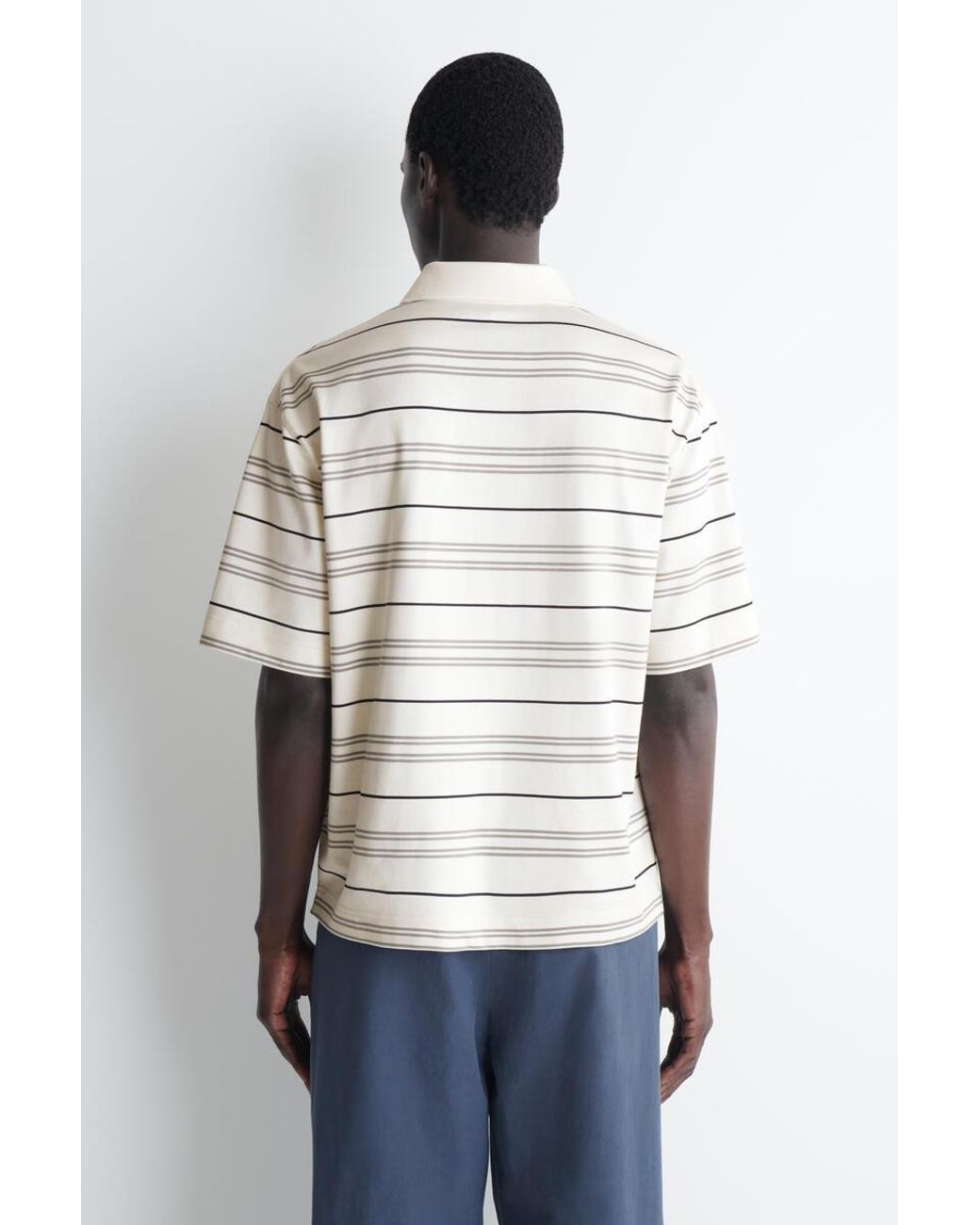 COS White Striped Open-Collar Polo Shirt for men