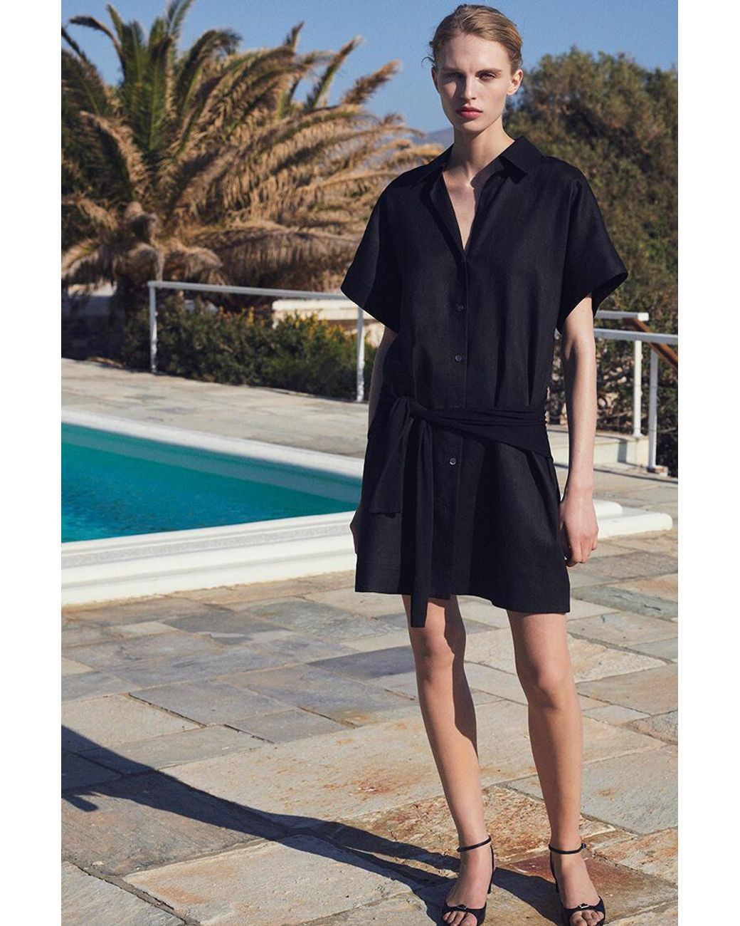 COS Black Open-Collar Linen Mini Shirt Dress