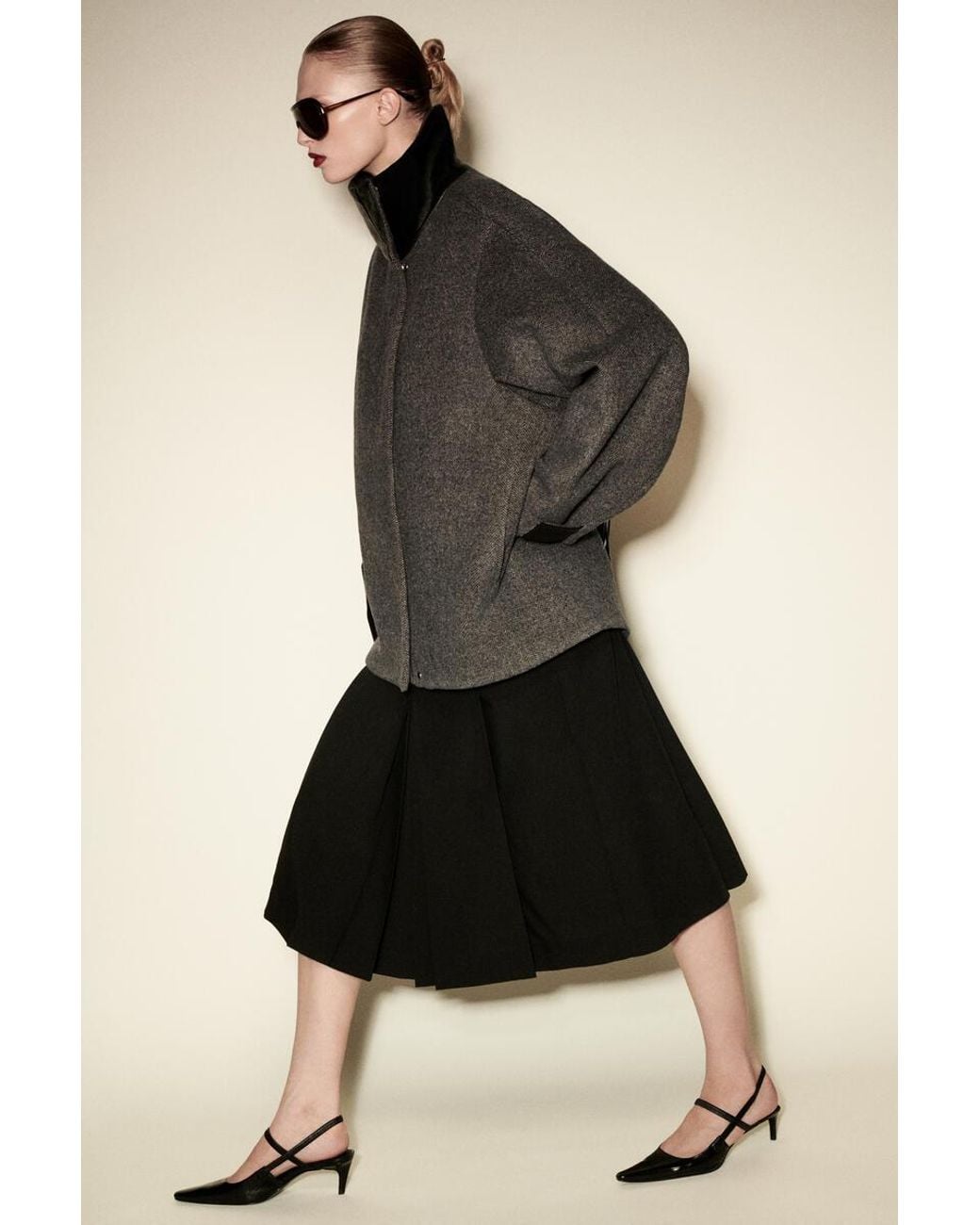 COS Black Oversized Leather-Collar Wool-Herringbone Jacket