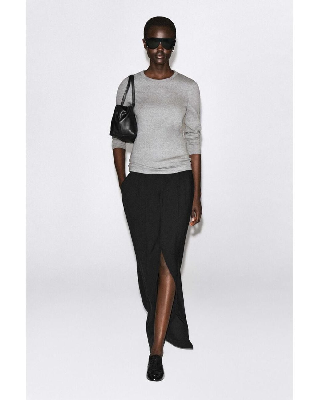 COS Gray Slim Ribbed Cotton Long-Sleeved Top