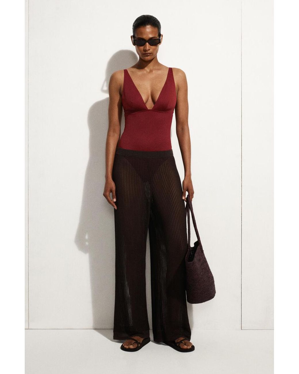 COS Red Bonded-Scuba V-Neck Swimsuit