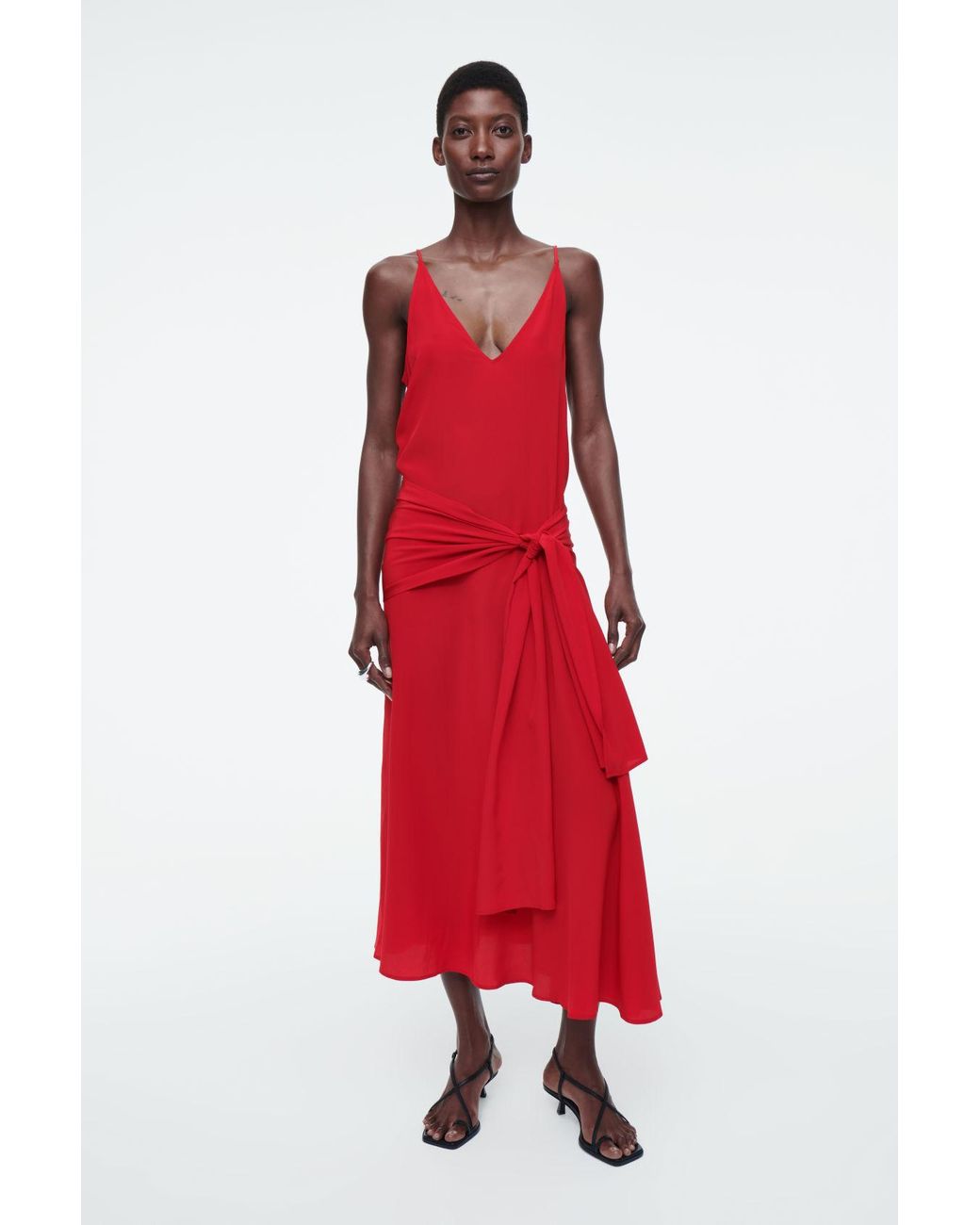 COS Asymmetric Tie-waist Silk Dress in Red