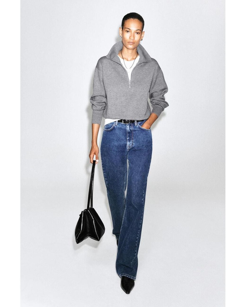 COS Gray Mock-Neck Half-Zip Knitted Sweater