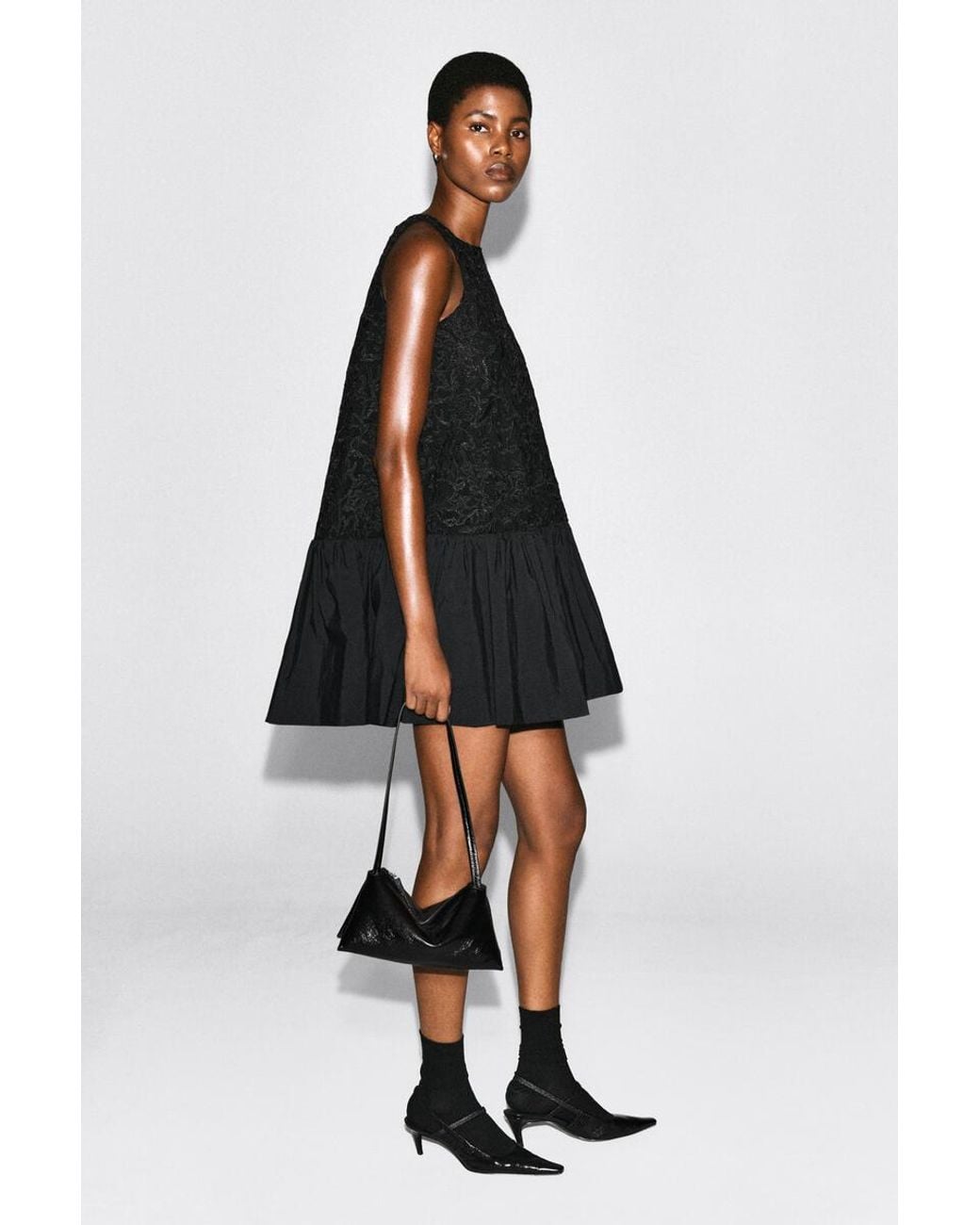COS Black Embroidered Mesh Dropped-Waist Midi Dress