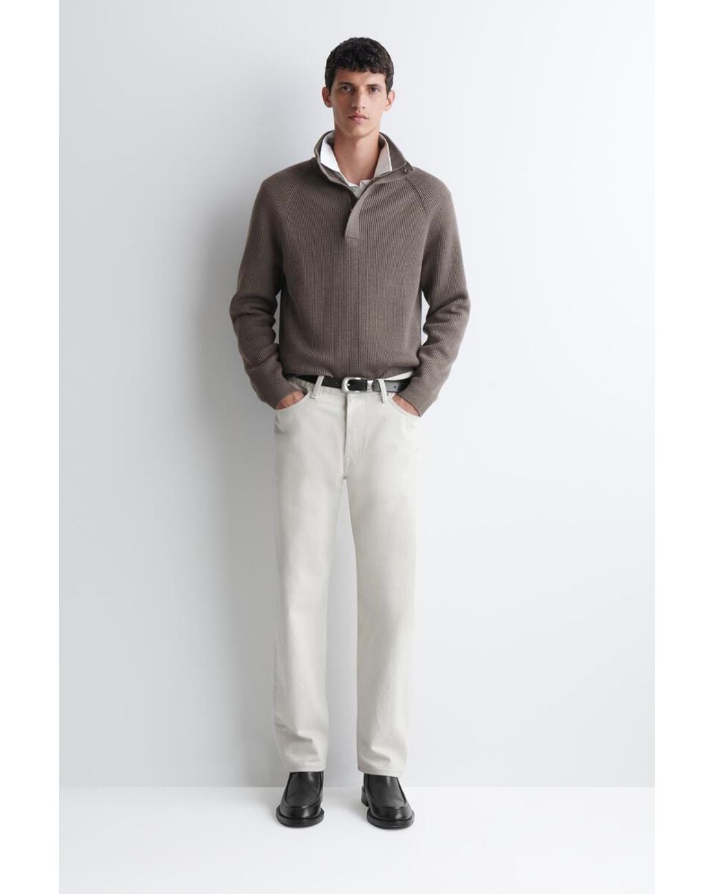 COS Brown Ribbed Wool Half-Zip Sweater for men
