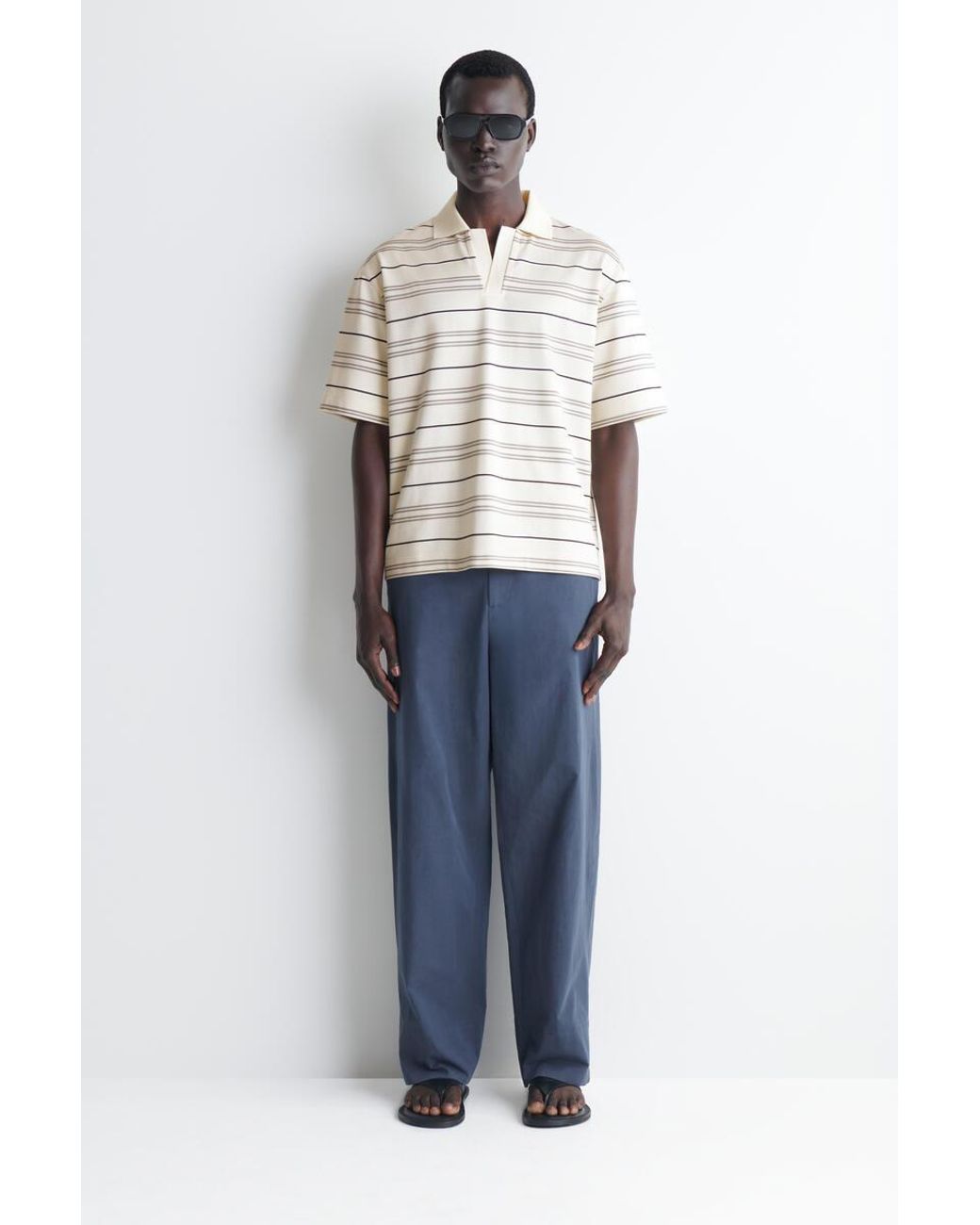 COS White Striped Open-Collar Polo Shirt for men