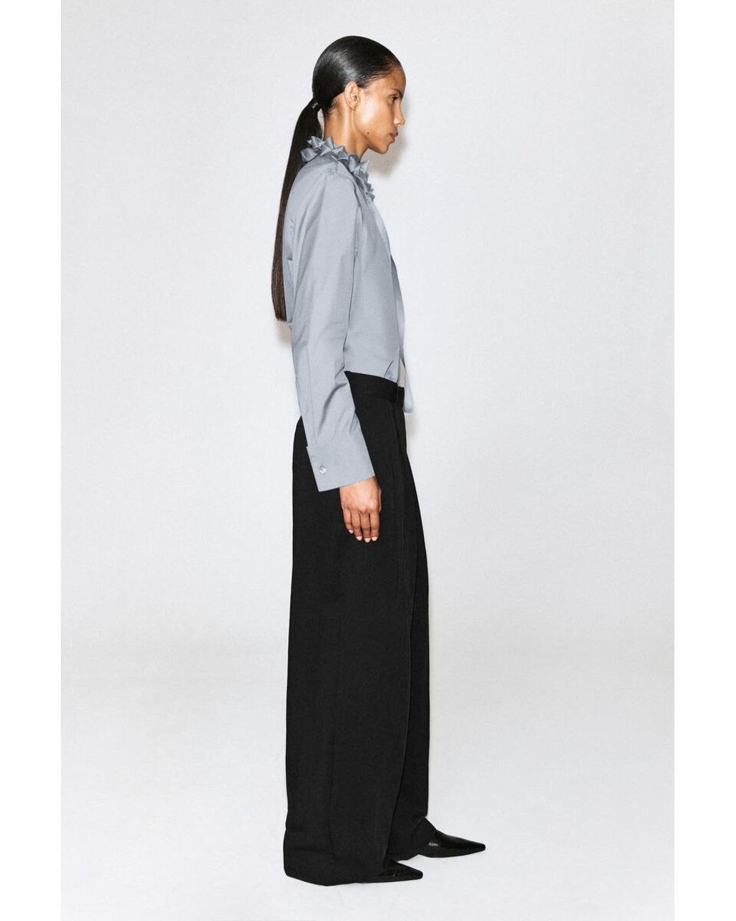 COS Gray Ruffled-Collar Cotton-Silk Shirt