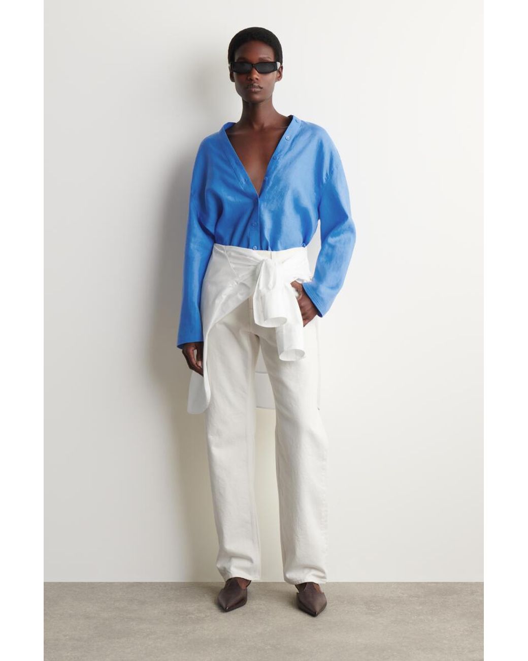 COS Blue Button-Detail Linen V-Neck Shirt