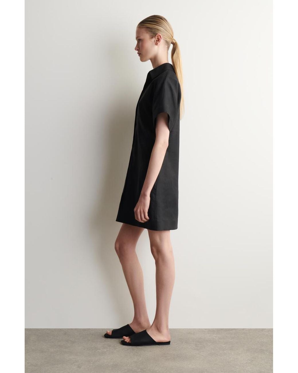 COS Black Open-Collar Linen Mini Shirt Dress