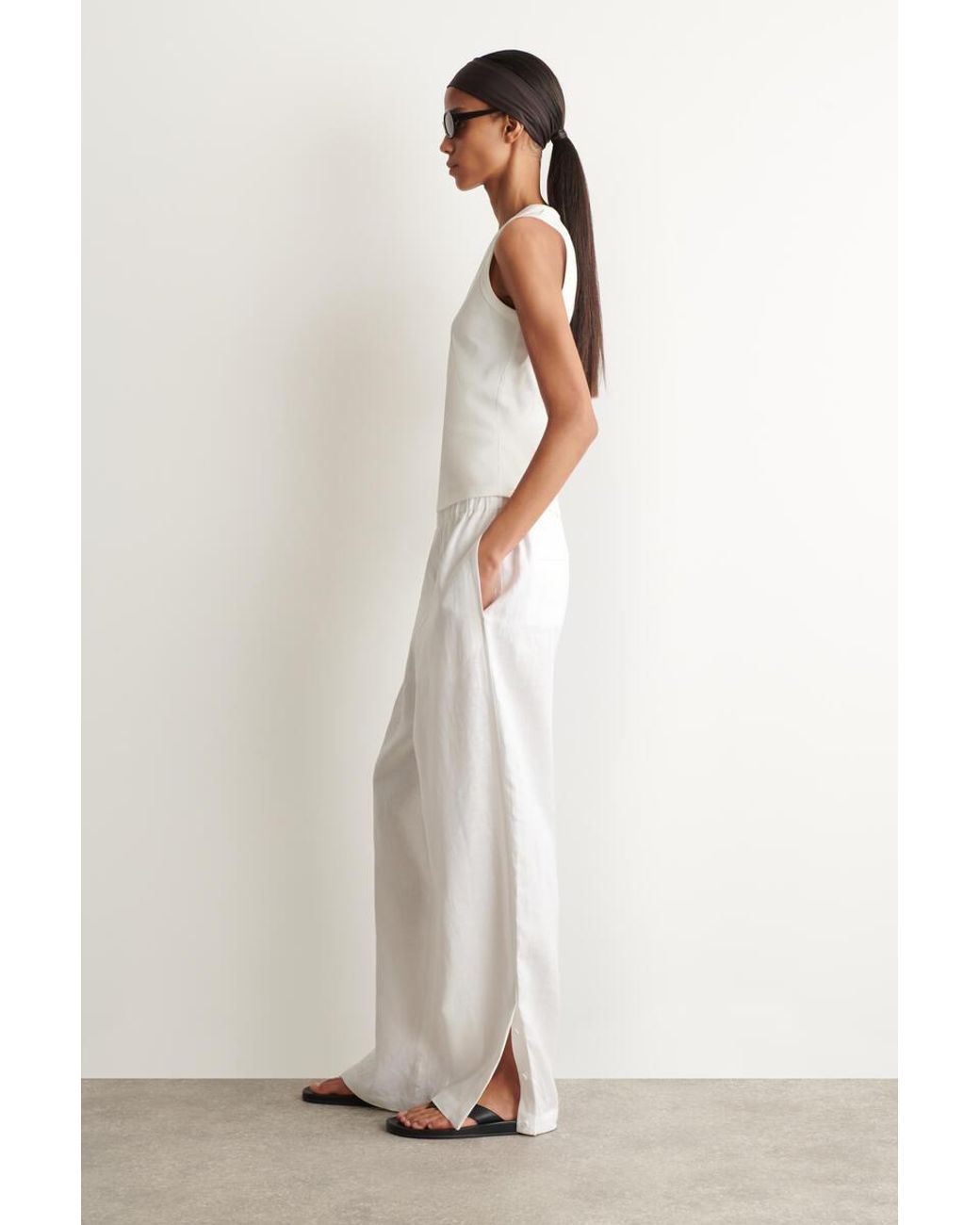 COS White Elasticated Linen Barrel-Leg Pants