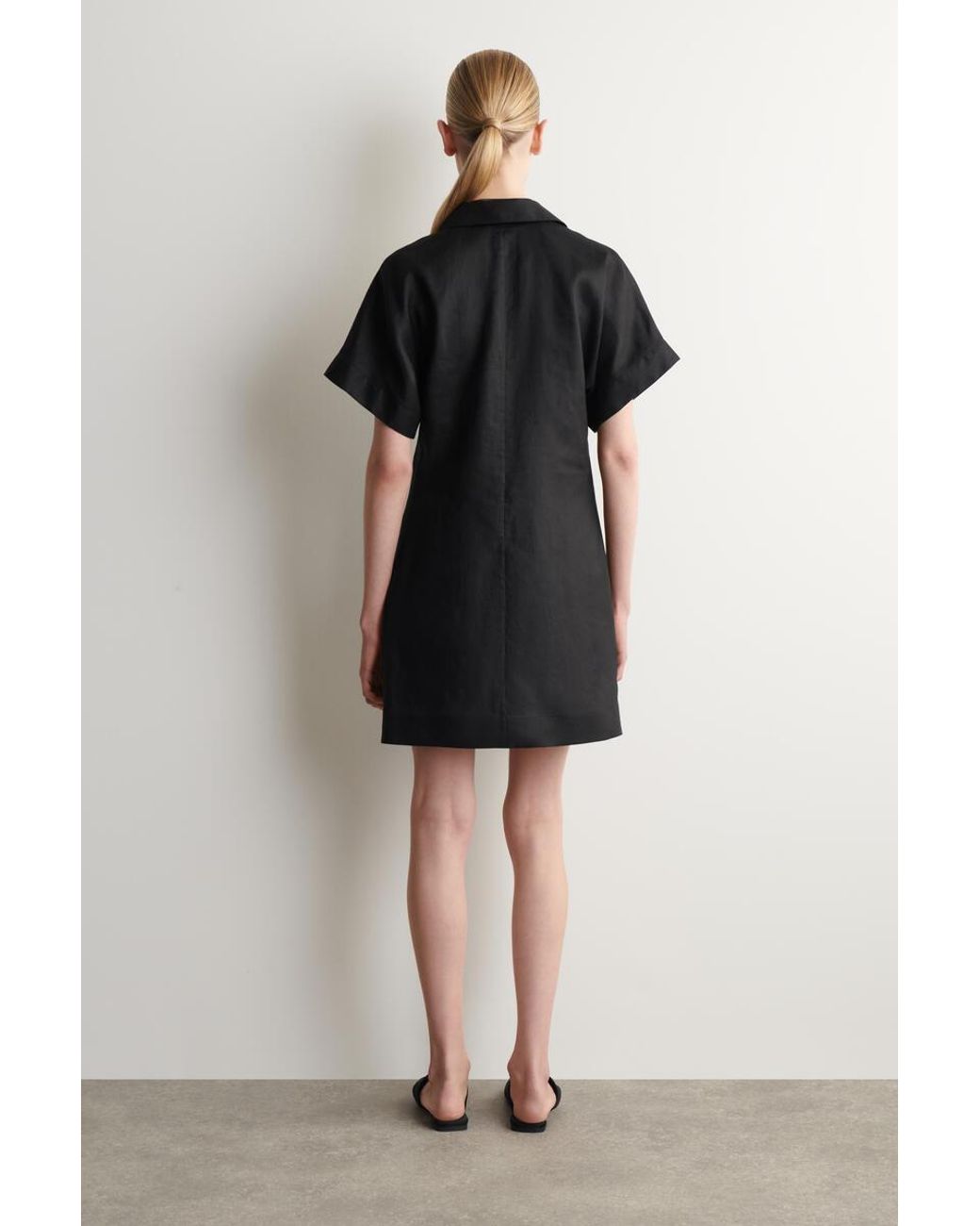 COS Black Open-Collar Linen Mini Shirt Dress