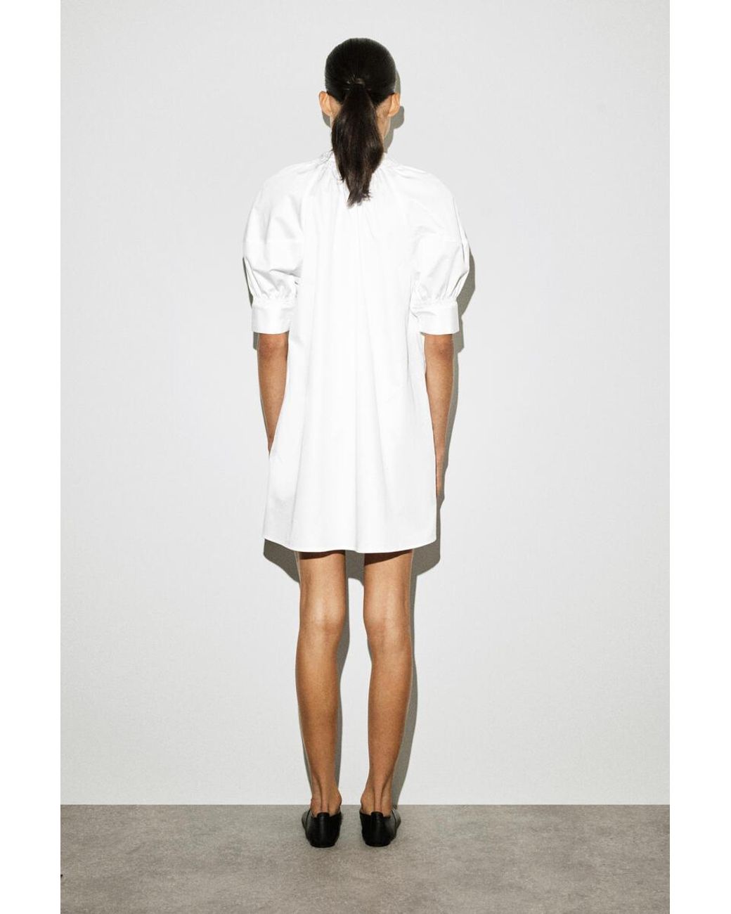 COS White Smocked Puff-Sleeve Shirt Dress