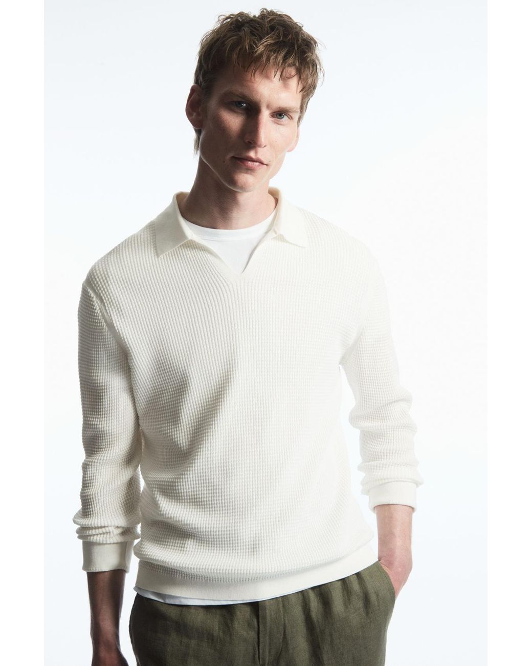 COS Waffle-knit Long-sleeve Polo Shirt in White for Men | Lyst