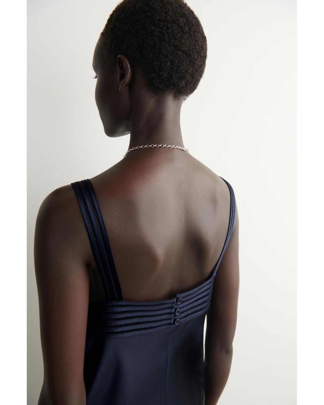COS Blue Open-Stitch Satin Slip Dress