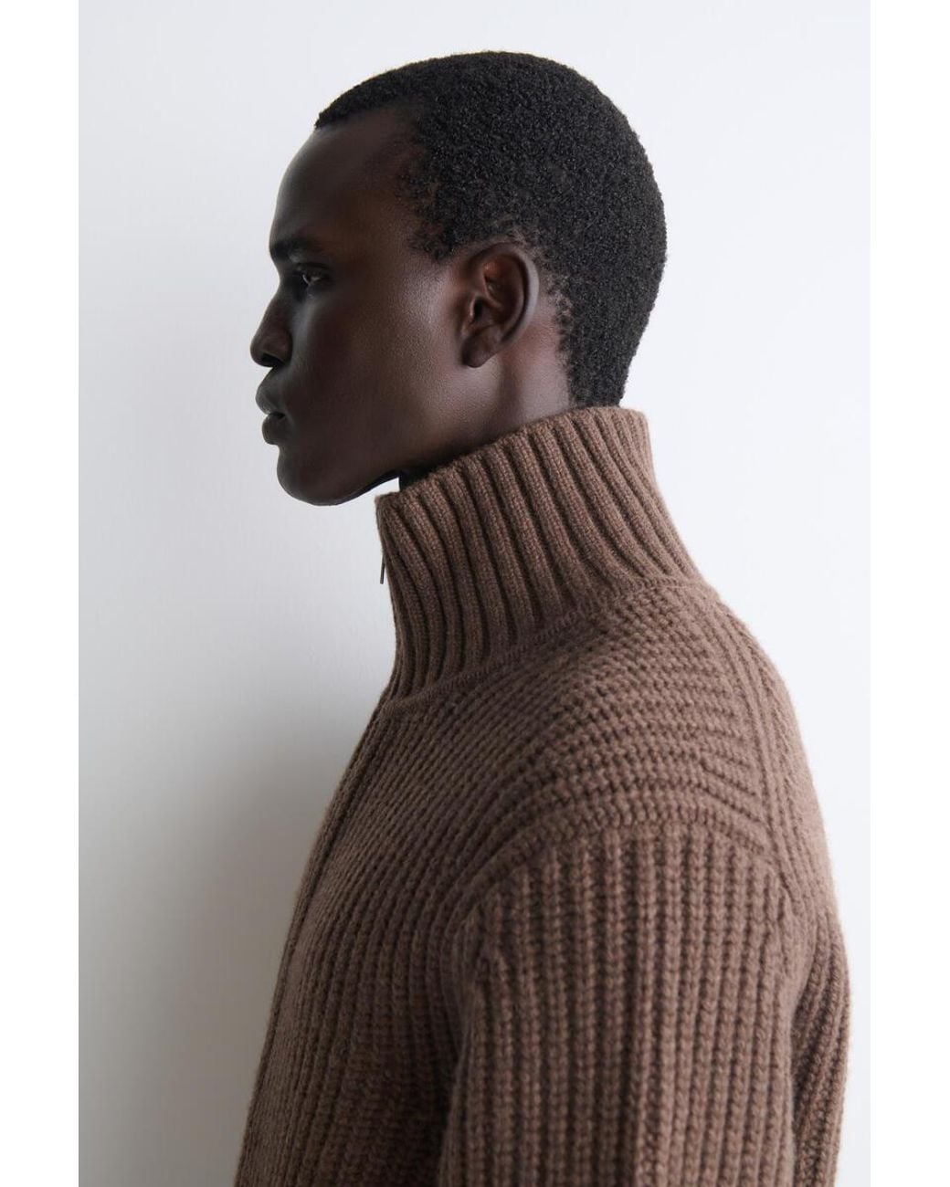 COS Brown Funnel-Neck Knitted Wool Jacket for men