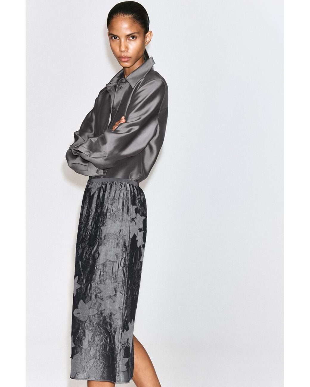 COS Gray Embroidered Sheer Column Skirt