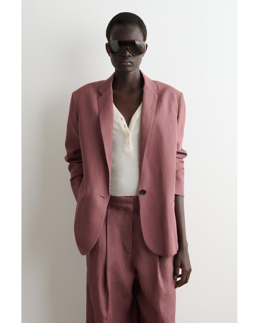 COS Brown Linen-Blend Single-Breasted Blazer