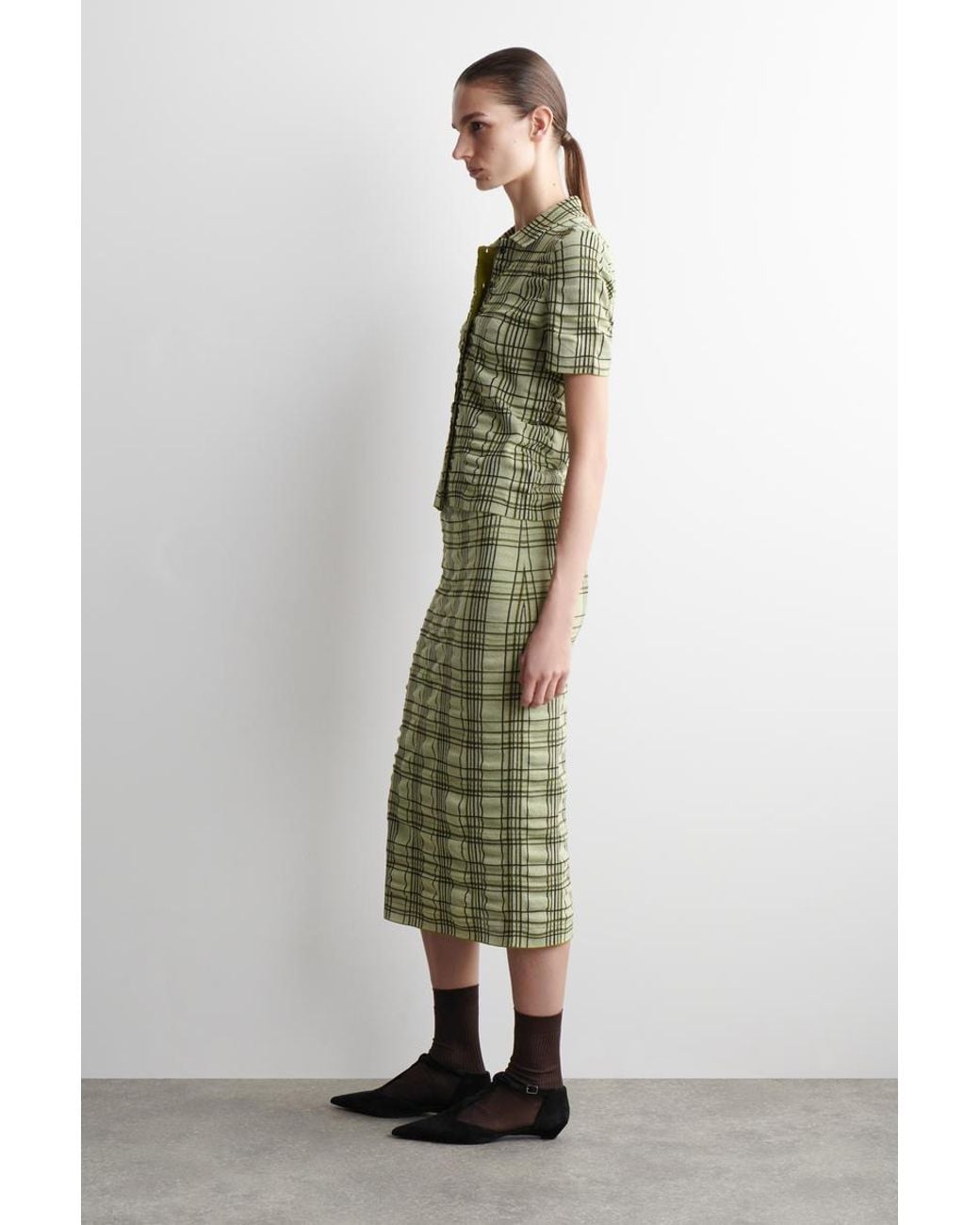 COS Green Checked Cotton-Jacquard Midi Skirt