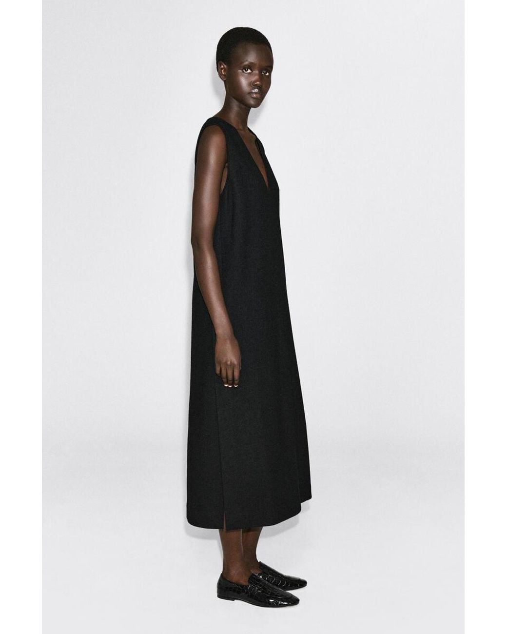 COS Black Boiled Wool-Blend V-Neck Midi Dress