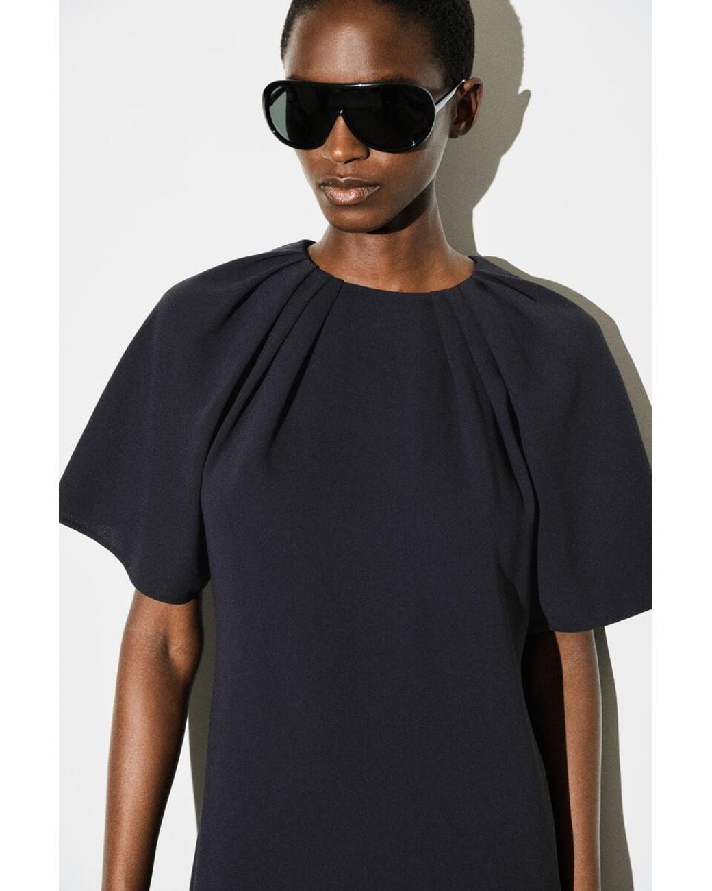 COS Blue Gathered Short-Sleeved Mini Dress