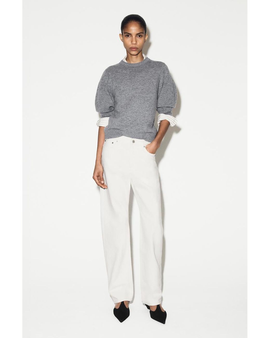 COS Gray Balloon-Sleeve Merino Wool Jumper
