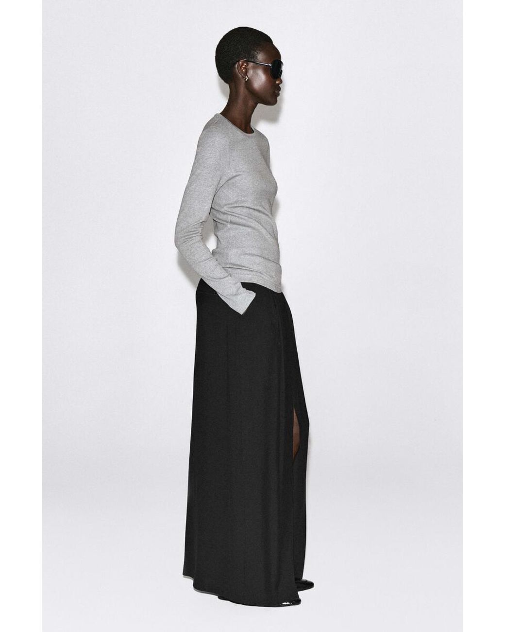 COS Gray Slim Ribbed Cotton Long-Sleeved Top