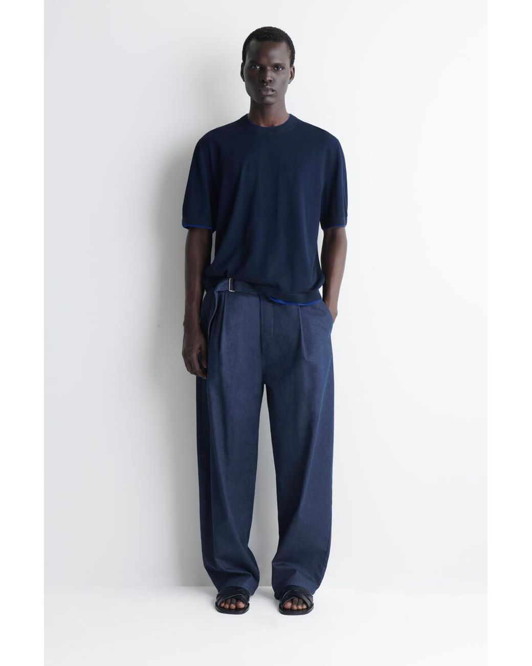 COS Blue Layered Knitted Cotton T-Shirt for men