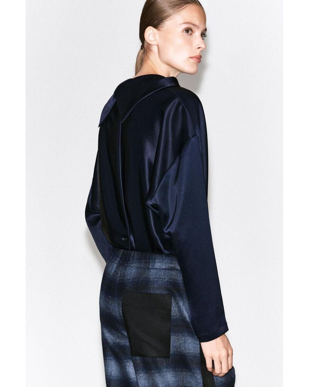 COS Blue Satin-Detail Checked Wool-Blend Trousers