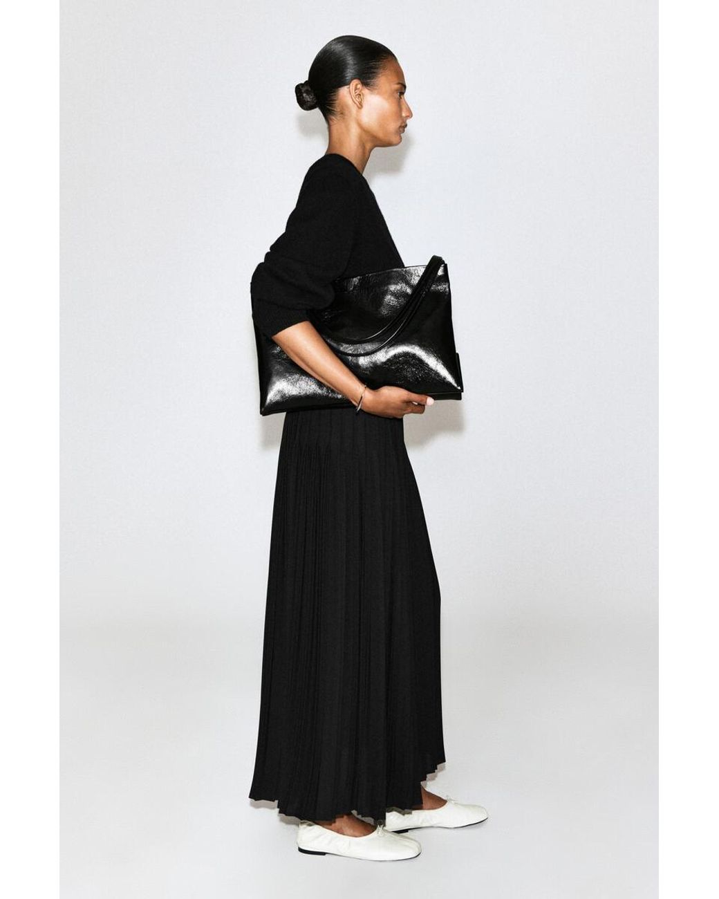COS Black Pleated Crepe Midi Skirt