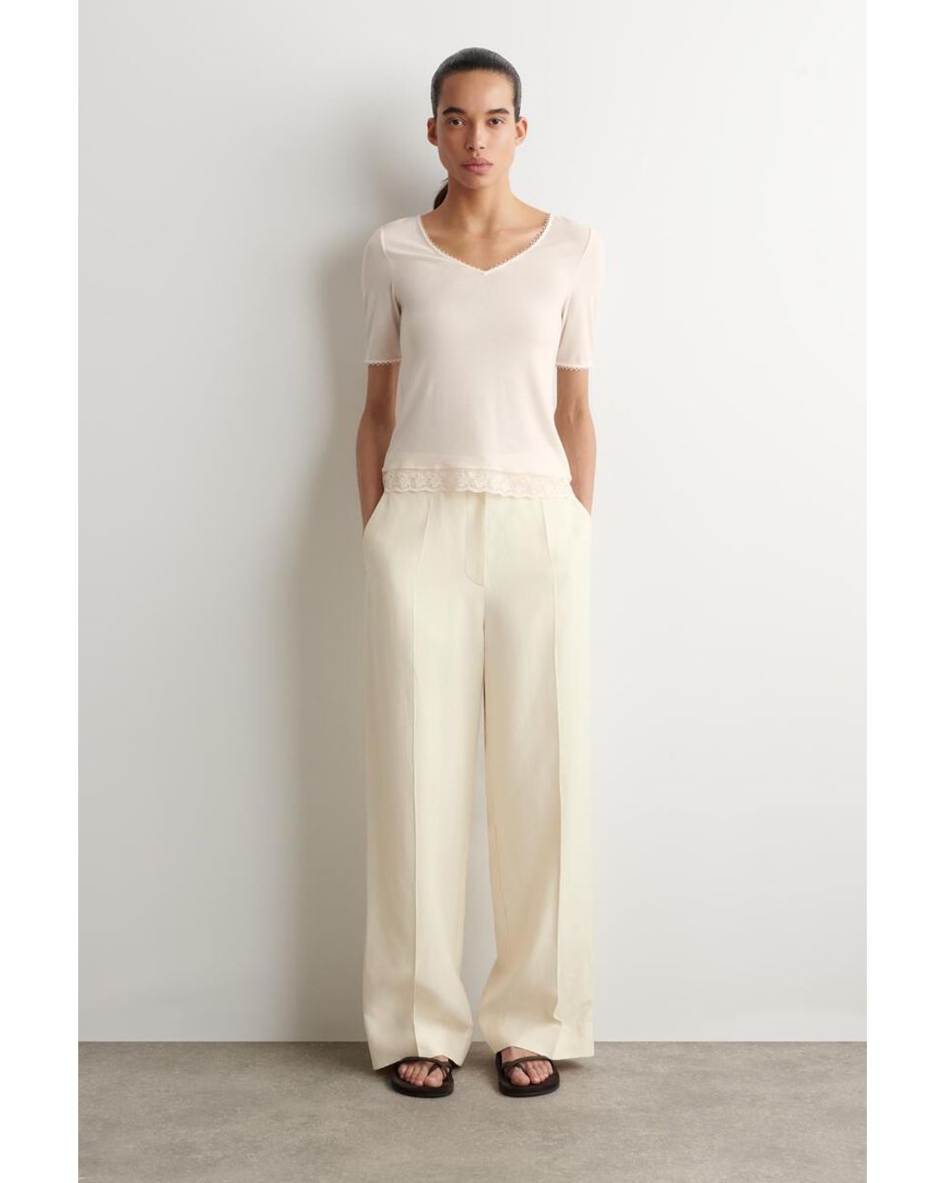 COS Natural Lace-Trimmed Ribbed V-Neck T-Shirt