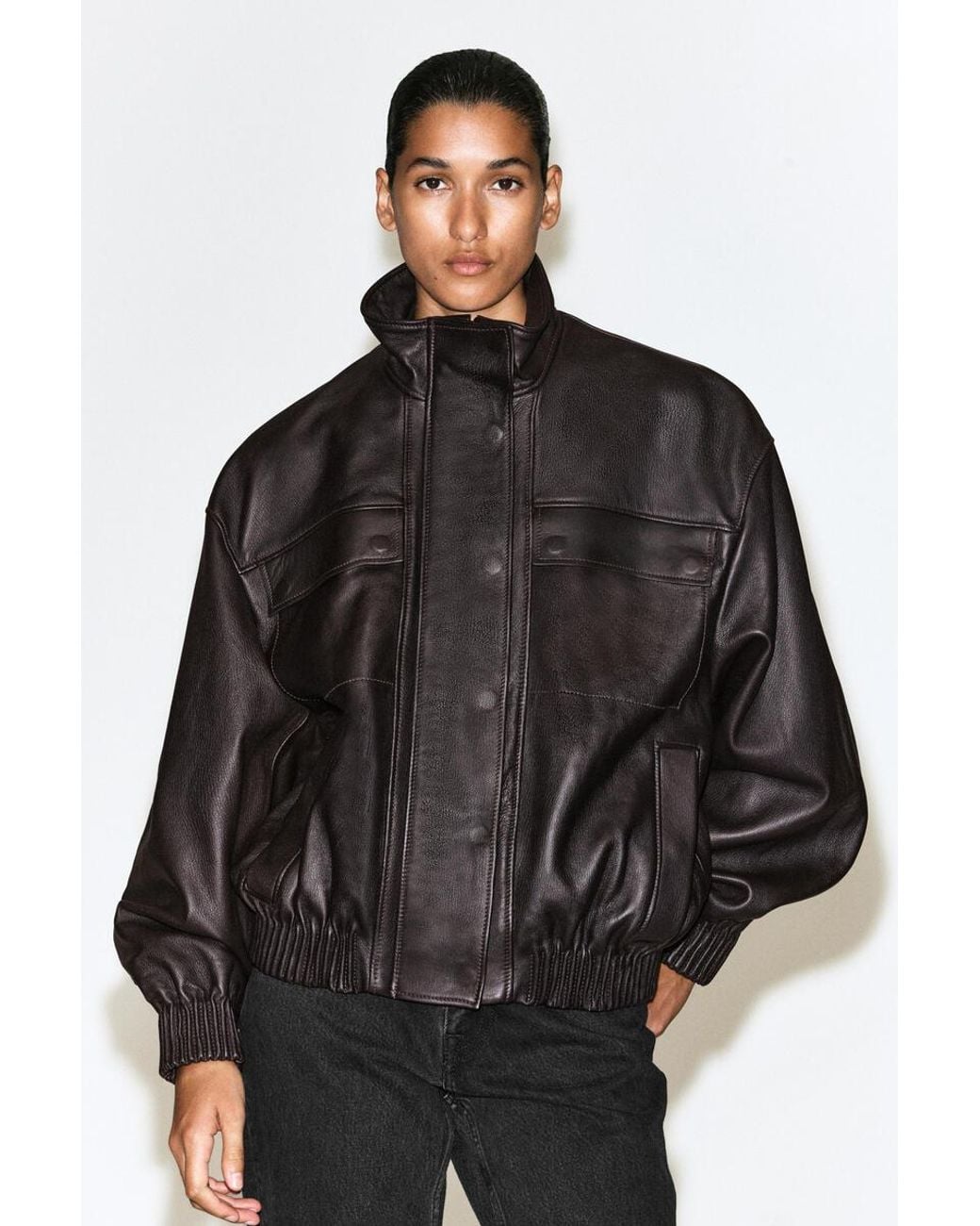 COS Black Leather Mock-Neck Bomber Jacket