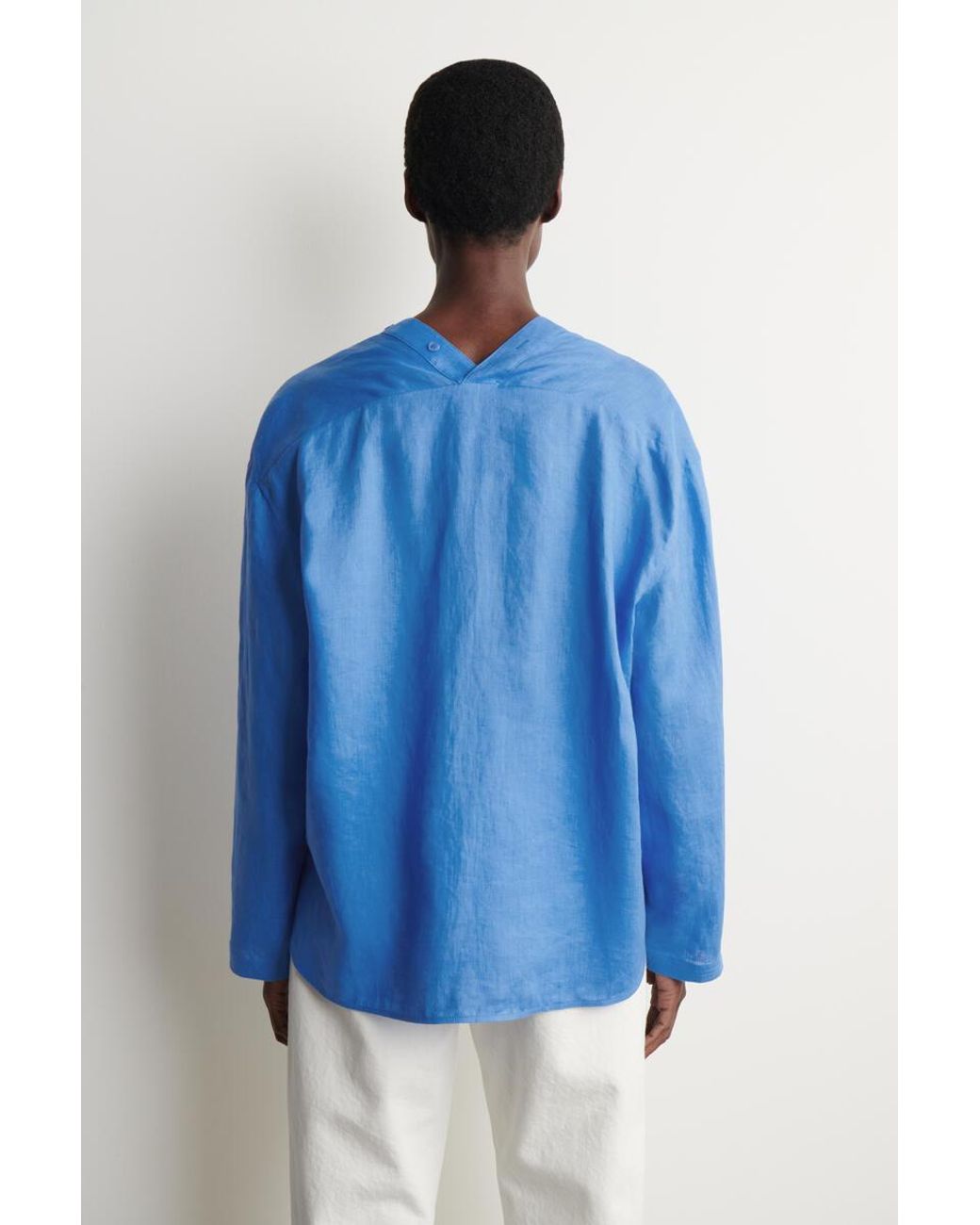 COS Blue Button-Detail Linen V-Neck Shirt